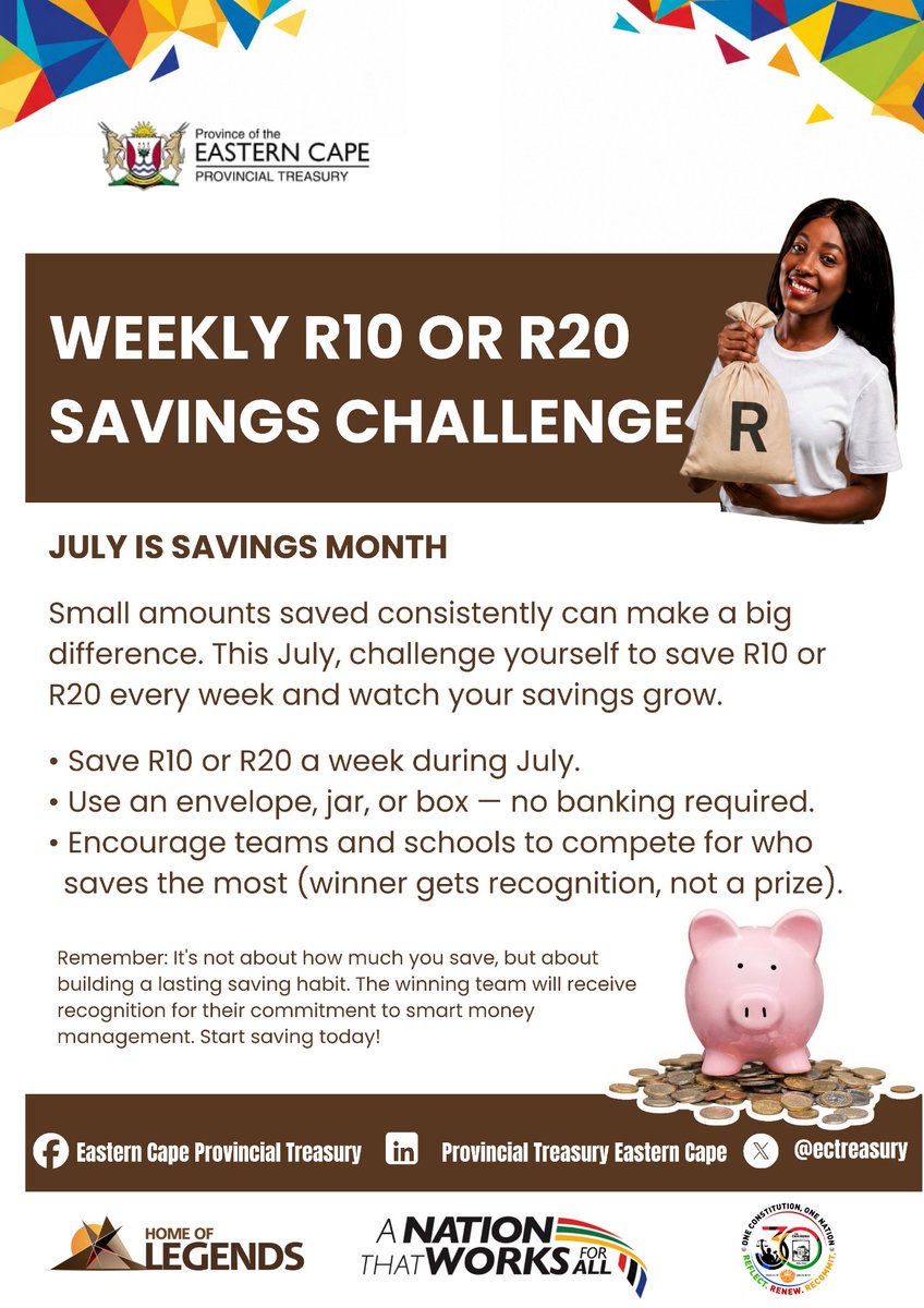 ectreasury's tweet photo. July is Savings Month!

We are encouraging everyone to build healthy financial habits through fun and practical weekly savings challenges. Every small saving today is a step towards a more secure tomorrow. https://t.co/1f25vsAMhm