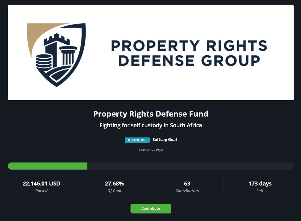 PRDG_ZA's tweet photo. Thank you to our 63 incredible contributors!

Your generous support has raised $22,000 for our legal defense fund. 

These funds are held securely with geographically distributed keys.

You are the real change. Thank you for standing with us.

Support us here:
https://t.co/9pQ5qdUBCE

#PropertyRightsDefense