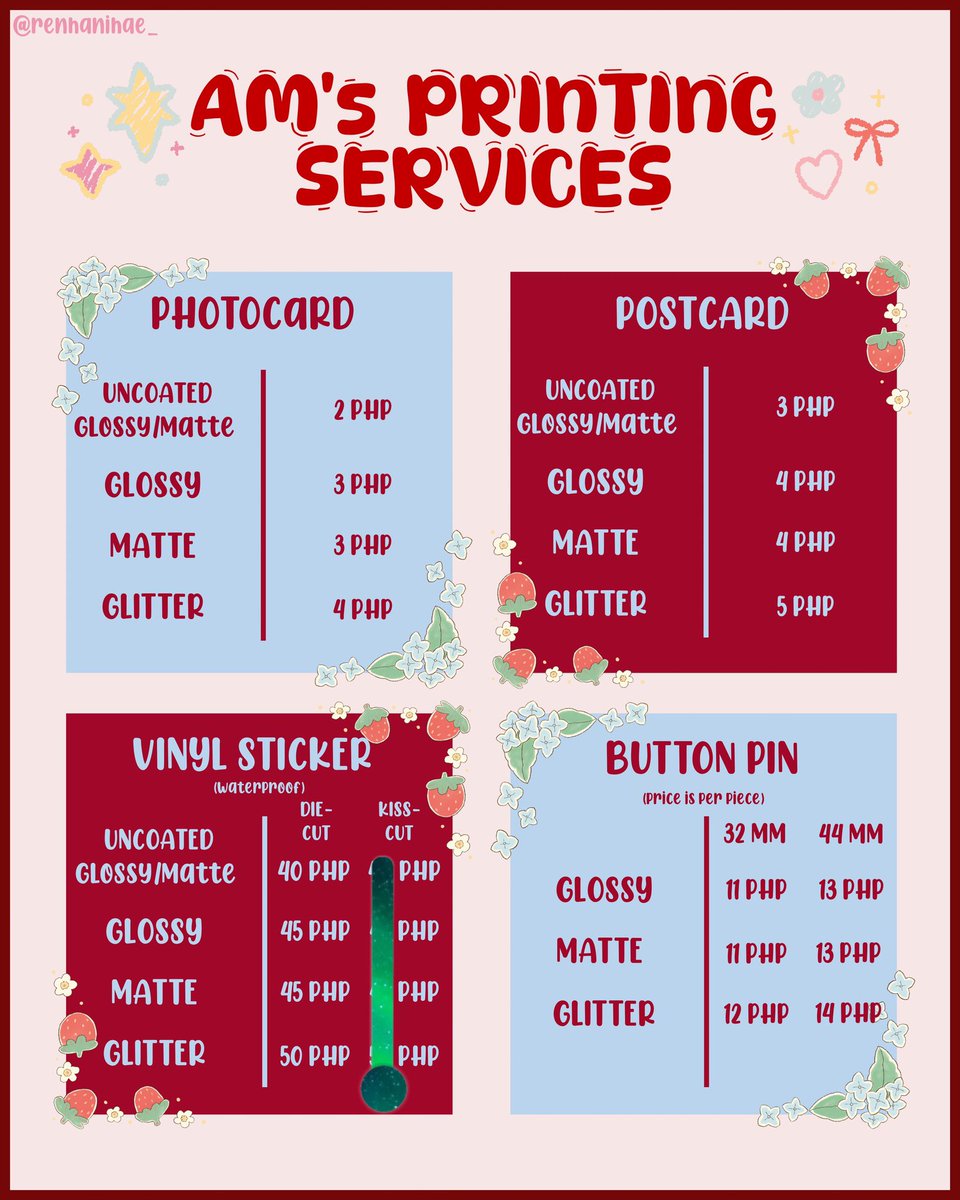renhanihae_'s tweet photo. ⋆ 𐙚 AM’s Printing Services are now OPEN! 𐙚 ⋆
— Photocard
— Postcard
— Stickers
— Button pin
t. wts lfb printing services ph https://t.co/7HRGVsP1sg