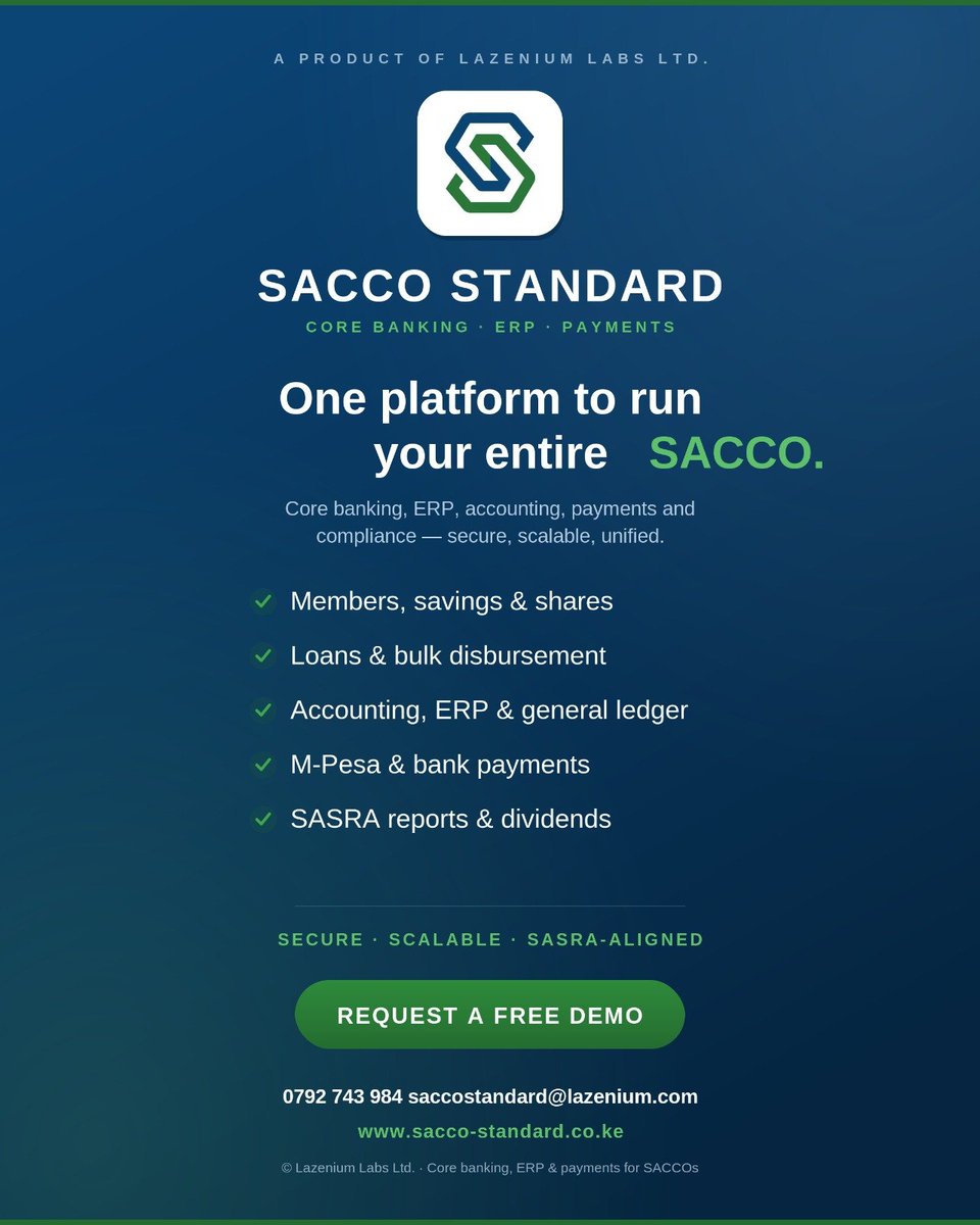 echoed1stories's tweet photo. One platform. Endless possibilities. 🚀
Simplify member management, loans, accounting, M-Pesa integration, and SASRA reporting—all in one secure system.
Ready to modernize your SACCO? Request a FREE demo today!
#SACCO #Innovation #FinTech #ERP #LazeniumLabs #DigitalBanking https://t.co/QqElJK32Fb