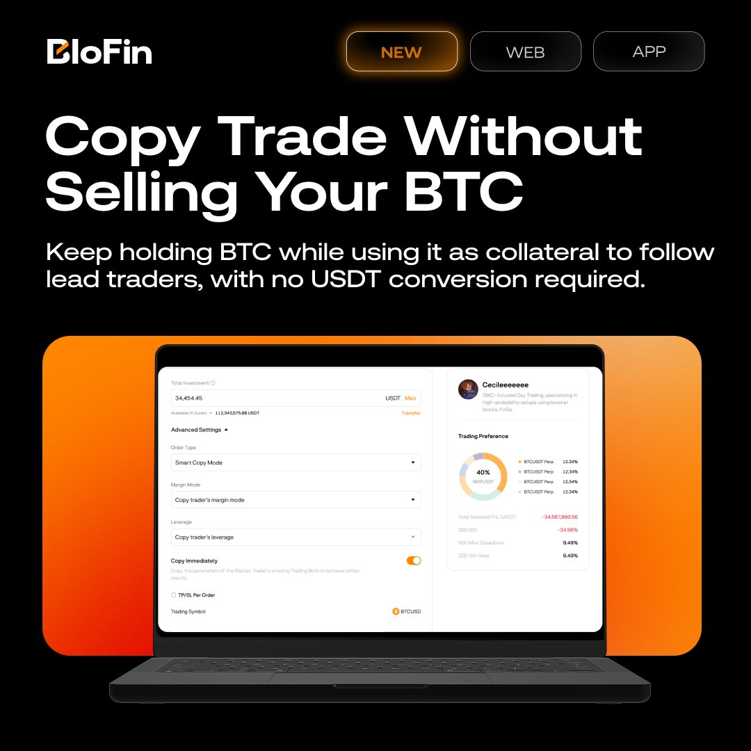 BloFin_Official's tweet photo. Keep your BTC working while you copy trade.

With BloFin Coin-M Copy Trading, use BTC as collateral, manage copy trades in a separate account, and choose exactly how much capital to allocate.

Follow top traders on your terms with BloFin Coin-M Copy Trading. https://t.co/Hp7NWpUVAl