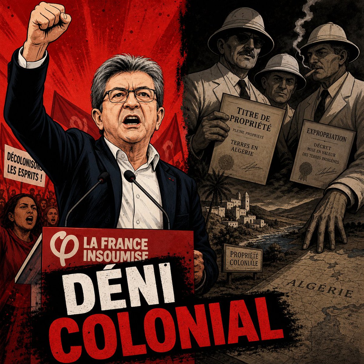 SpritBankal2's tweet photo. Mélenchon joue les anti-coloniaux,ses grands-parents étaient propriétaires en Algérie,ont SAISI des terres musulmanes. Ses parents fonctionnaires coloniaux. Né à Tanger, héritier du système qu’il dénonce. Le déni,c’est pas de l’histoire,c’est du marketing #Mélenchon #Colonisation https://t.co/rOT88ME7J5