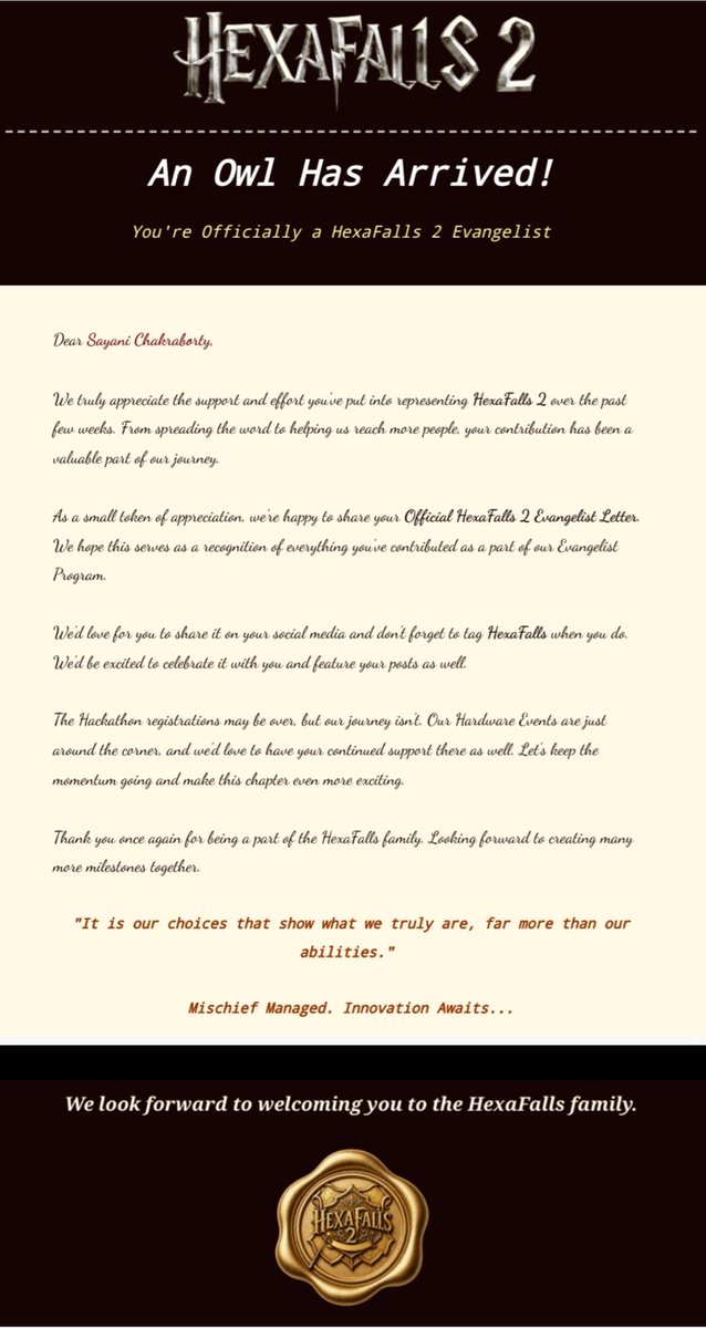 SayaniC06's tweet photo. 🦉 An owl arrived... and it brought a milestone.

Honored to receive my Official @hexafalls Evangelist Letter. ✨

Here's to more innovation, more learning, and more milestones ahead. 🚀

#TechCommunity #hexafalls2 #evangelist https://t.co/nsTUp6E0GT