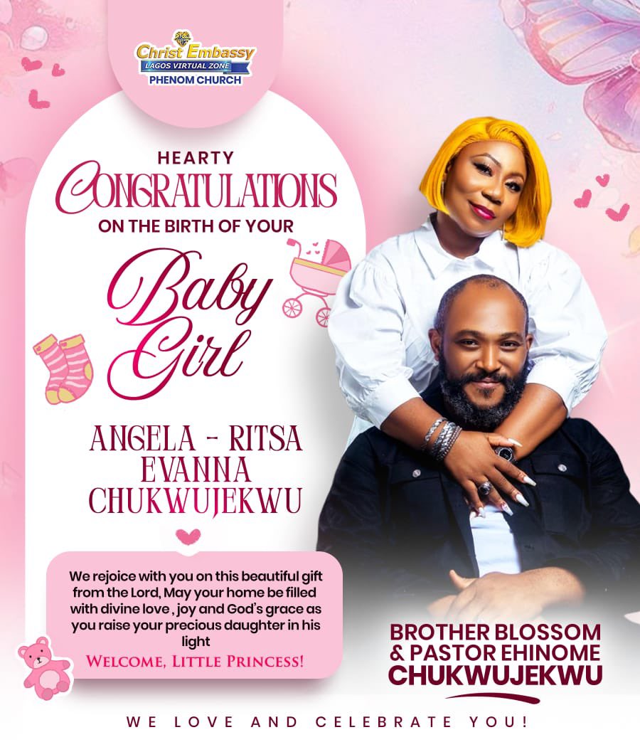 mediablastnet's tweet photo. 🎉 Congratulations, esteemed Brother Blossom &amp; Pastor Ehinome Chukwujekwu, on the birth of your beautiful baby girl

Like | Comment | Share https://t.co/hDAuQ6sIJg