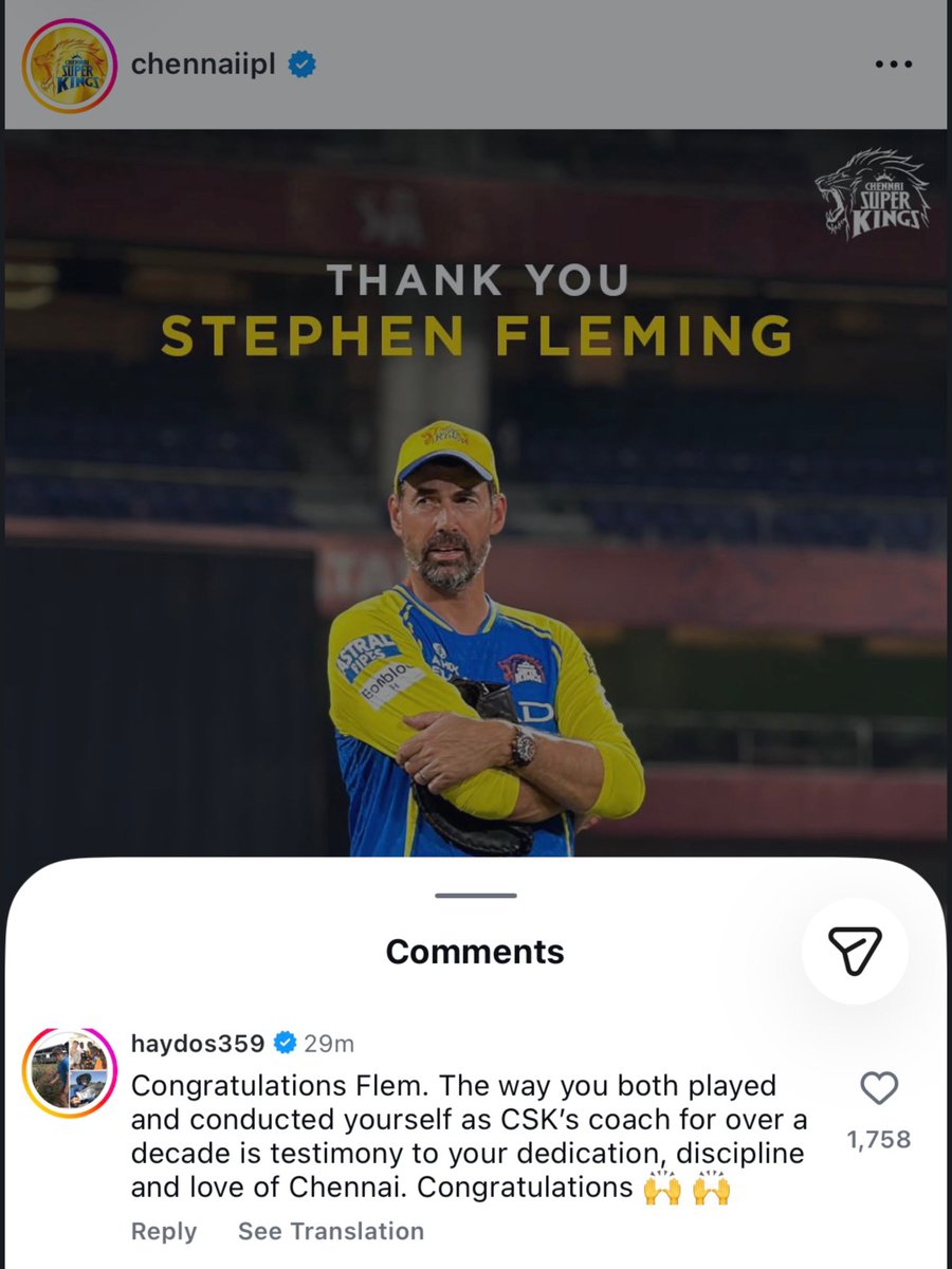 definitelynot05's tweet photo. CSK Legend Matthew Hayden commented on CSK’s Fleming Post 💛 https://t.co/O80T8rlTrK