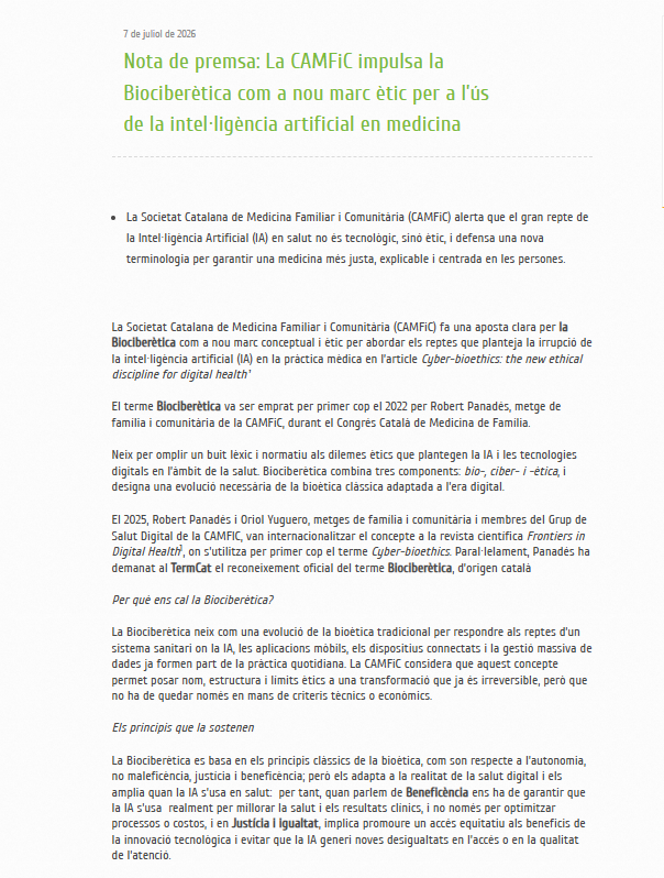 CAMFiC's tweet photo. ▶️La @CAMFiC impulsa la Biociberètica com a nou marc ètic per a l’ús de la intel·ligència artificial en medicina.

🗣️"La tecnologia avança molt de pressa i l'ètica no pot anar sempre a remolc", afirma @PanadesZafra 

Llegeix més: https://t.co/2aXTXuFlHJ https://t.co/Mhidu3S36o