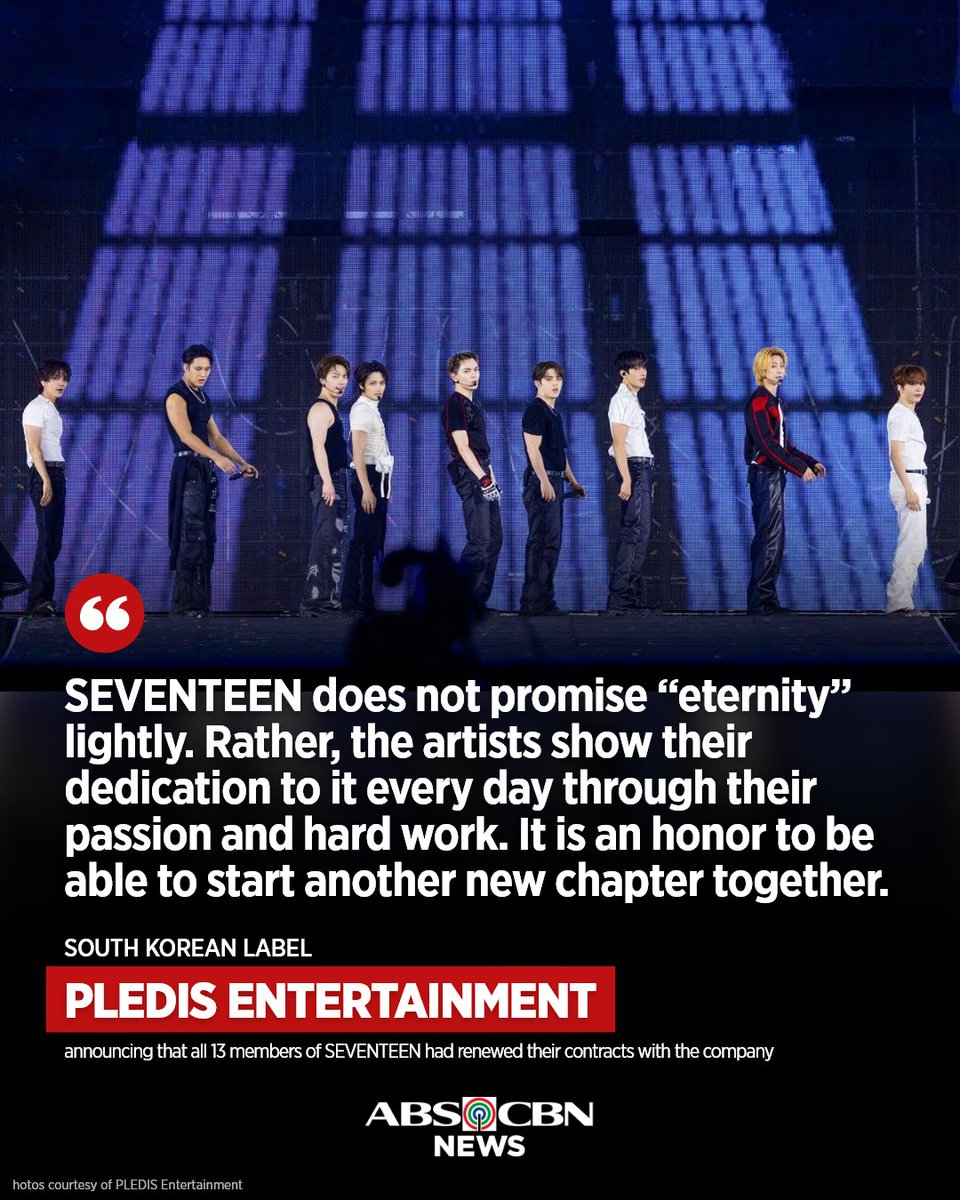 ABSCBNNews's tweet photo. "It is an honor to be able to start another new chapter together." 💎

Pledis confirms that all 13 members of SEVENTEEN have renewed their contracts. A promise of eternity built not just on words, but on the passion and hard work they show every single day. Cheers to a new era ahead. 🥂

Related: https://t.co/IKZvP8k5Vp