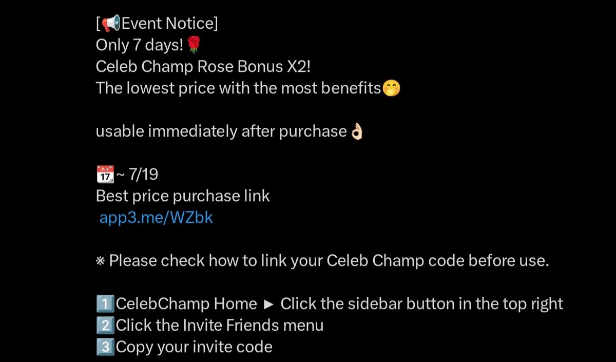 ANYUJIN_GLOBAL's tweet photo. 📢 CELEBCHAMP ROSE CHARGE 2X BONUS EVENT

⚠️ Please read carefully!

✨ Option 1 (Most cost-effective):
• Buy 1,400 🌹 package
• Save the 🌹 for July 23
• Donate any remaining budget to our fundraising project so we can purchase votes more efficiently.

✨ Option 2 (If you still want to vote 100 VTs daily):
• Buy 17,000 🌹 package
• Vote 50 VTs on July 15
• Vote 100 VTs daily from July 16-23
• Make sure you have 2,000 🌹 for July 23

⬇️ Check the attached images for the step by step guide to purchasing 🌹 
📆 Event ends: July 19
🔗 https://t.co/6ZnnEpUw7A

🐶 Support our fundraising for the most cost-effective voting strategy:
🌍 PayPal: https://t.co/e1OoZTfYtG 
🌏 Other payment methods: KR Bank, Alipay, Gcash, QRIS

Let's do our best for YUJIN! 🥹 And bring home the 🏆!

🤗🫶

#ANYUJIN #안유진 #アンユジン #슬픈_짠맛 #슬픈짠맛