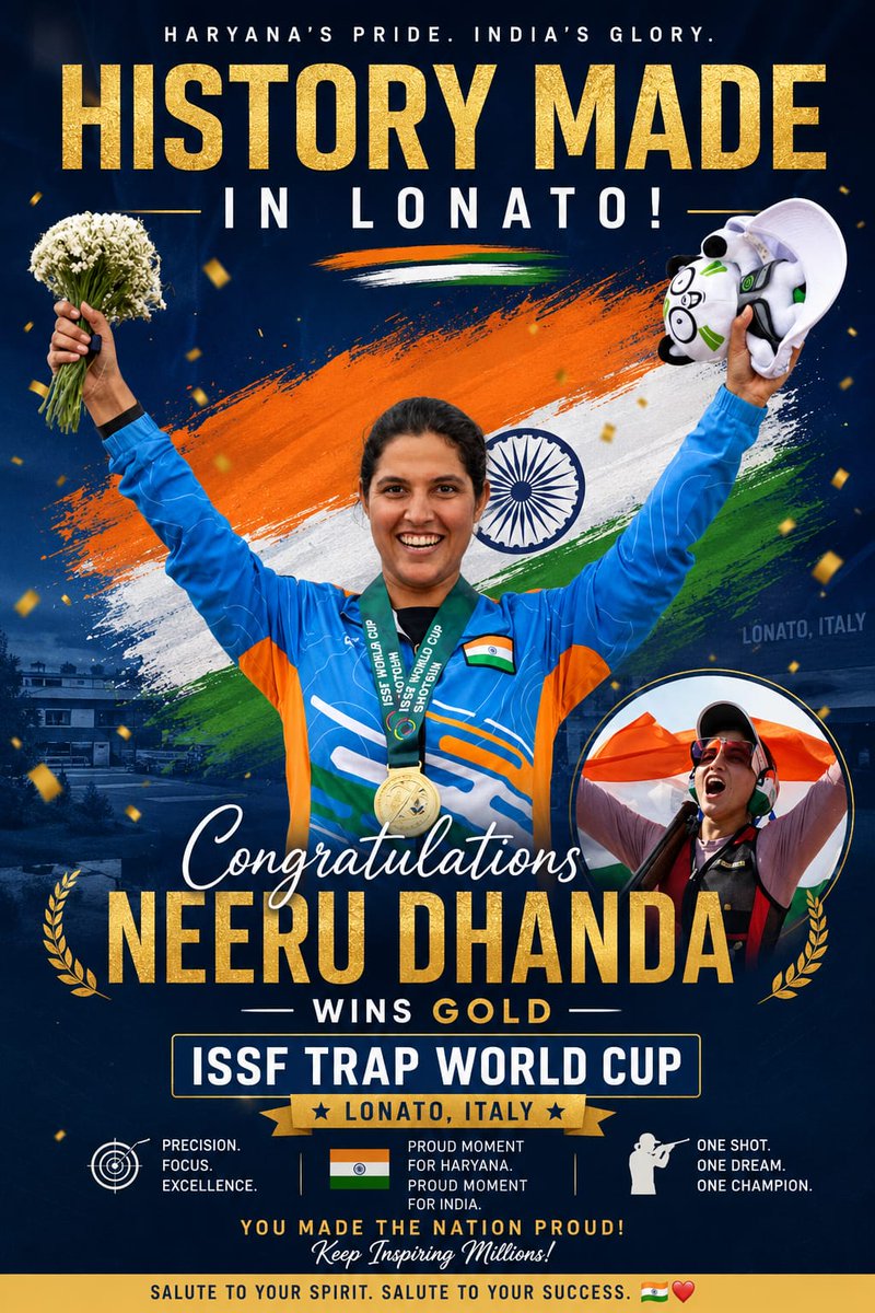 Haryana_Olympic's tweet photo. 🇮🇳 GOLD FOR INDIA! 🥇
हरियाणा की शान, हरियाणा की बेट
History made! Neeru Dhanda has become the first Indian to win an individual ISSF World Cup Gold Medal in the Women's Trap event at Lonato, Italy!🎯
Heartiest congratulations, Neeru!!
#NeeruDhanda #ISSFWorldCup #Gold #HOA #IOA https://t.co/rryLLdrZXn