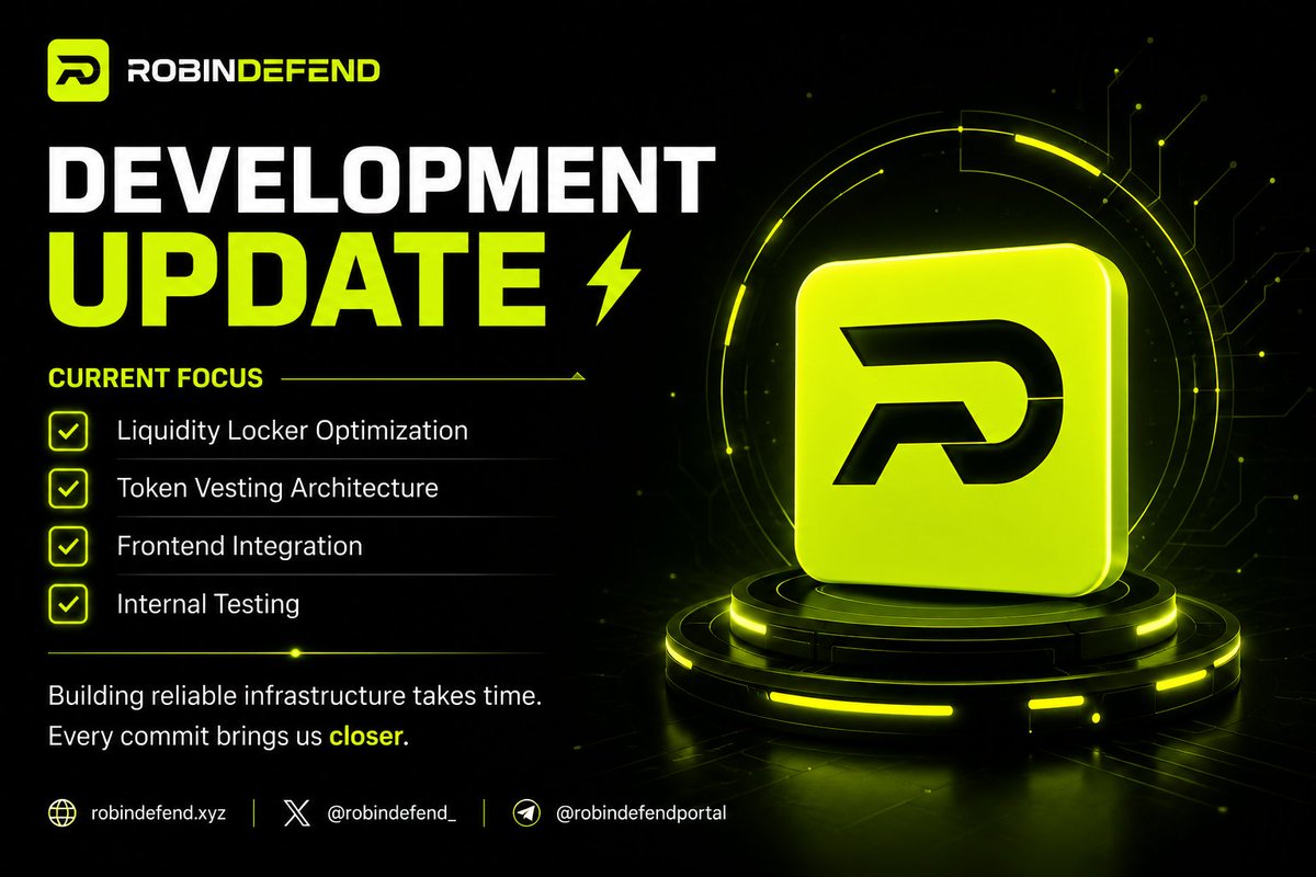 robindefend_'s tweet photo. Development Update

Building infrastructure isn't just about writing code. It's about creating systems that projects can rely on from the very first day they launch.

Over the past few days, our team has been focused on improving the core components that power the RobinDefend ecosystem. 

Current development includes:
• Liquidity Locker contract optimization
• Token Vesting architecture refinement
• Frontend integration and user experience improvements
• Internal testing and stability validation

Every module is being reviewed with a focus on security, transparency, and long-term reliability. 

Before introducing new features, we want to ensure the foundation is solid, predictable, and ready for production use.
We believe launch infrastructure should be simple for builders, transparent for communities, and verifiable on-chain.

Development is progressing steadily, and we'll continue sharing updates as we move closer to release.
Build with confidence. Launch with trust.
🌐 https://t.co/FXzwMY7ded

#RobinhoodChain #RobinhoodCrypto #BuildOnRobinhood #DeFi