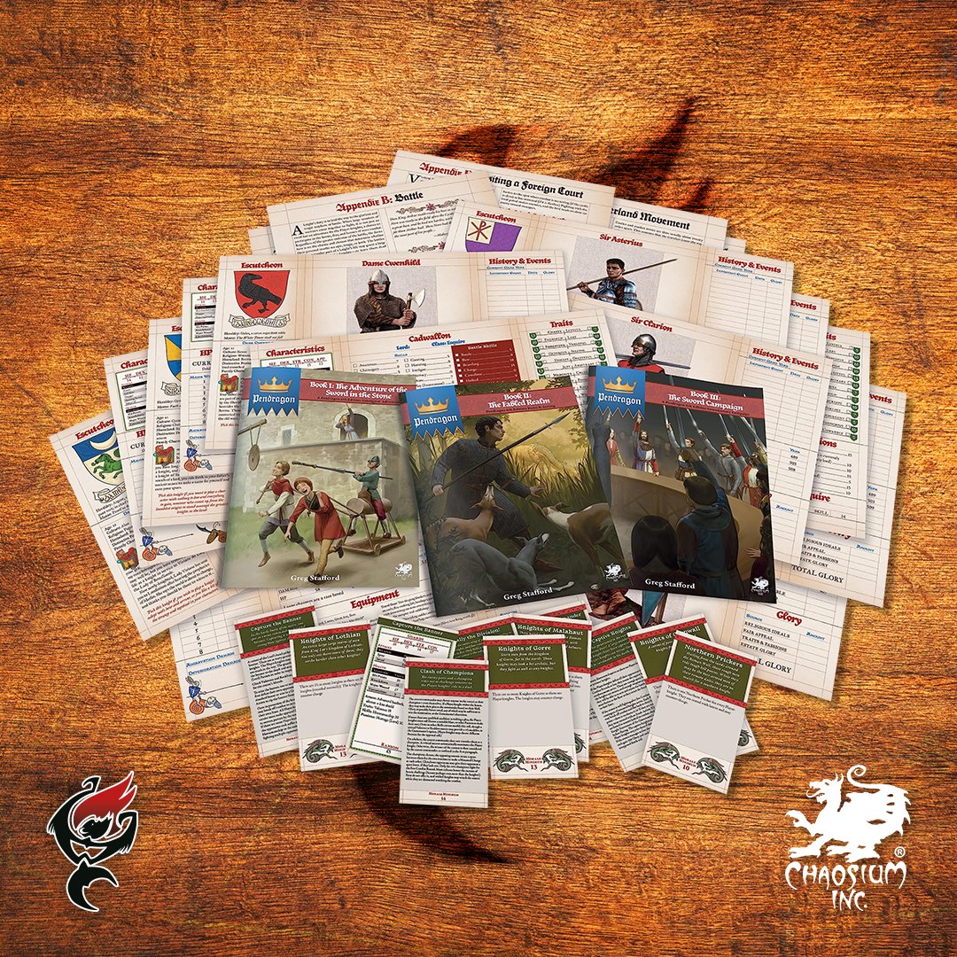 MonkeysWithFire's tweet photo. PENDRAGON – STARTER SET || FIRST LOOK ⚔️
Will your knight be remembered for honour ... or ambition? The Pendragon Starter Set from @Chaosium_Inc is the perfect way to begin your journey into the legendary world of King Arthur. #monkeyswithfire #ttrpg #chaosiuminc https://t.co/4qpNEDO0zO