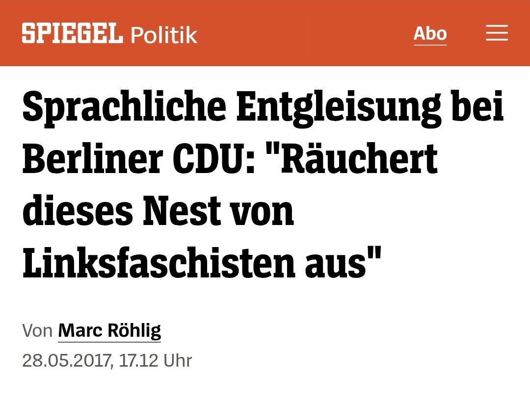 Storch_i's tweet photo. Wer diesen SPIEGEL-Artikel, der darüber berichtet, dass der Spitzenkandidat der CDU zur Wahl in Berlin, Stefan Evers, 2017 dazu aufforderte Linksfaschisten "auszuräuchern" liest, teilt oder kommentiert, beteiligt sich aktiv an der nächsten Schmutzkampagne!
https://t.co/5sZjRjo8zK https://t.co/NV0YUy5yzL