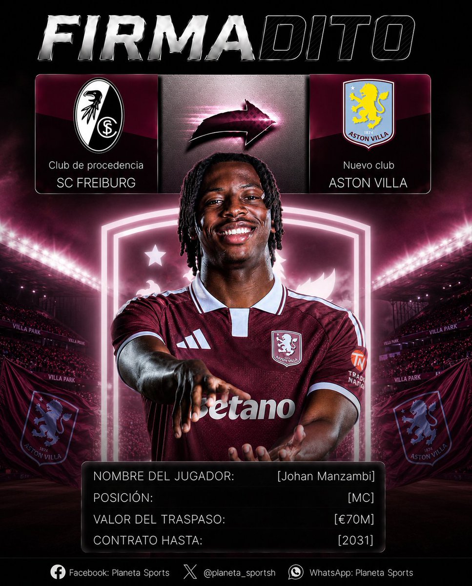 planeta_sportsh's tweet photo. Firmadito! ✍️🔵🔴: EL ASTON VILLA LE ARREBATA A MANZAMBI AL NEWCASTLE.
El centrocampista suizo de 20 años llega desde el Friburgo por 70M€ (incluyendo variables) y firma contrato hasta el año 2031.
#AVFC #AstonVilla #Freiburg #Manzambi https://t.co/0AeHoSvYTZ