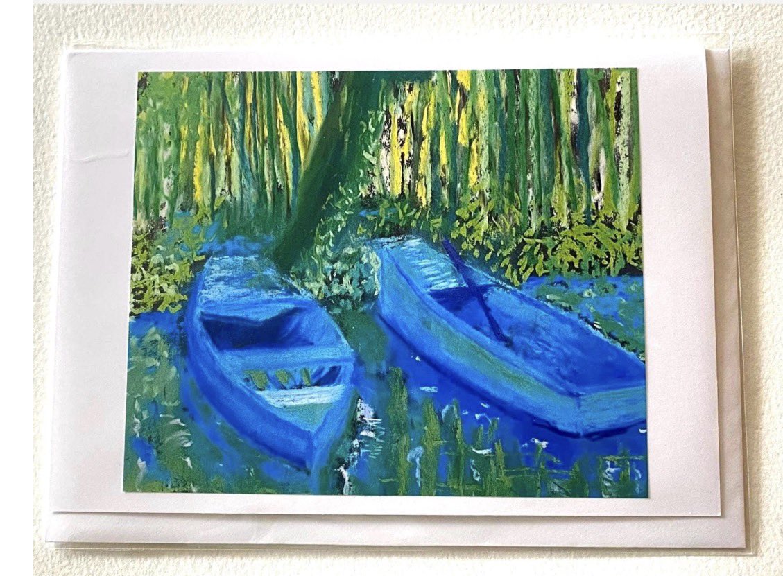 MormorJan's tweet photo. Handmade greeting card featuring two blue boats in a peaceful woodland, created from a print of my original pastel artwork. #earlybiz A unique art card for birthdays, thank you notes or keeping in touch with someone. 💙🌿#MHHSBD #SMILEtt23 #UKMakers 

https://t.co/liHvF1U45M https://t.co/iZMktikWR6