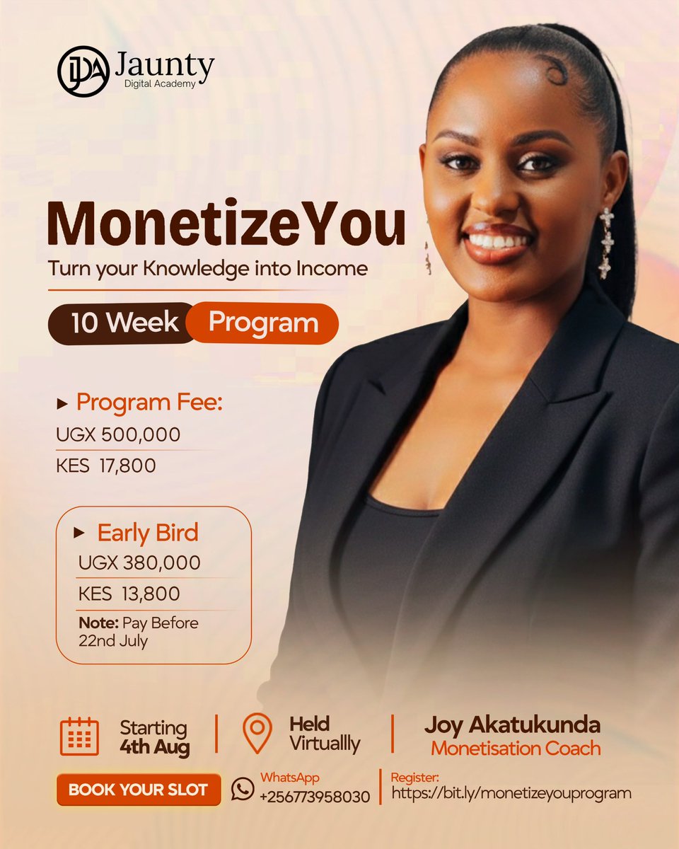 jauntydigital's tweet photo. Registration is open for our new cohort of the MonetizeYou program 🥳🥳

This is a 10 week guided experience focused on clarity and execution.

Your investment: 
UGX 500,000

❇️Grab our early bird deal and pay only UGX 380,000 

📌Learn more: https://t.co/wos9F0j3T4 https://t.co/MgI1z799G4