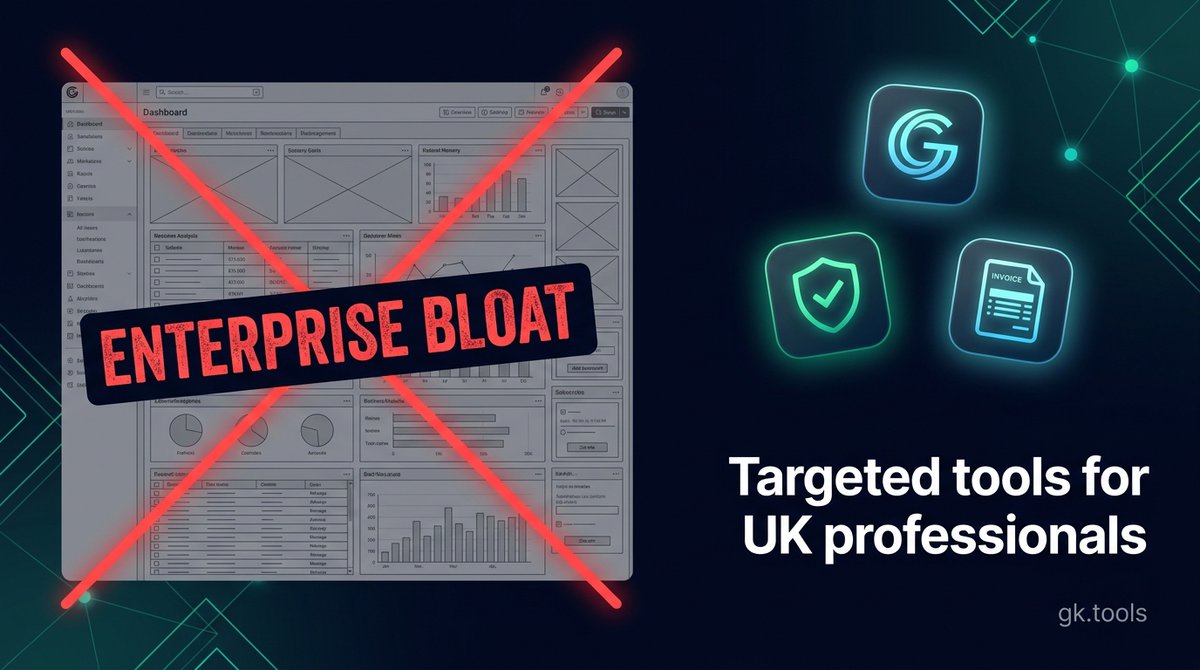 GK_Tools's tweet photo. How much of your software do you actually use? Most platforms are packed with tools sole traders never touch. GK Tools develops targeted, premium apps that handle exactly what you need, without the bloat. See the portfolio at https://t.co/rULEAbzBAU #SmallBusinessUK #SaaS https://t.co/nefWdY1Q2n