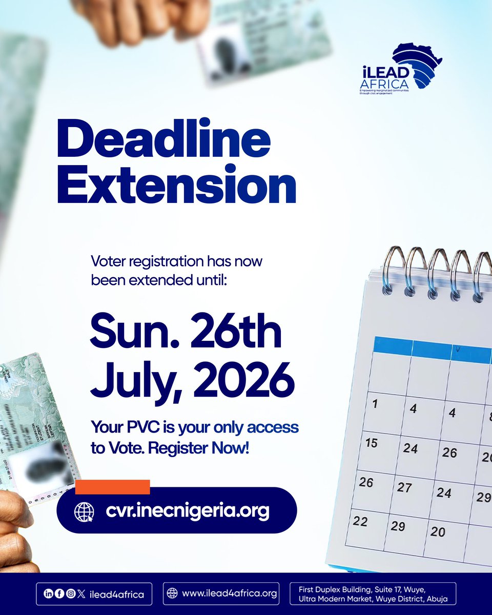 ilead4africa's tweet photo. Good news! 🇳🇬
The #INEC Continuous Voter Registration #CVR has been extended. Don't miss this opportunity to register or update your voter information.
Register Now 👉https://t.co/tAUTMuUc8f.
Your #PVC, your voice, your power.
#iLeadAfrica #iBeTheChange #YourVoteYourRight https://t.co/hYMrbp0BPS