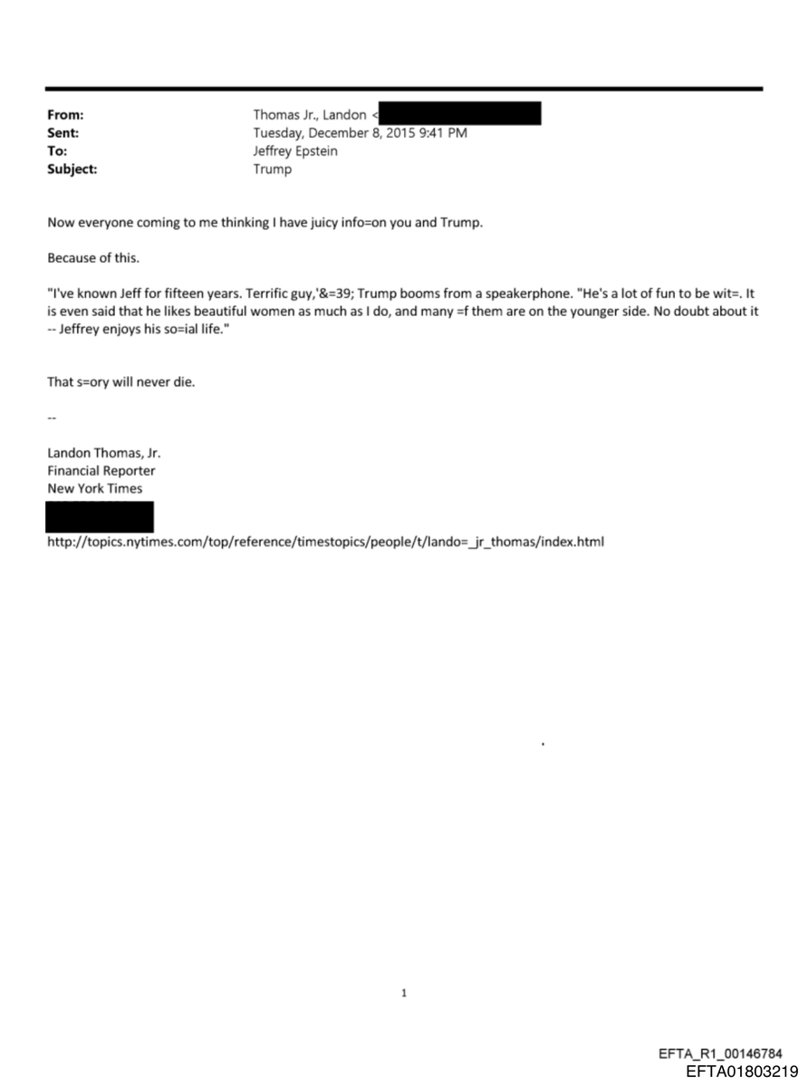 epsteinsearchin's tweet photo. @mjfree This is an email a New York Times reporter sent to Epstein in 2015, quoting Trump back to him: "Terrific guy... he likes beautiful women as much as I do, and many of them are on the younger side." https://t.co/rmBh30S9Vy