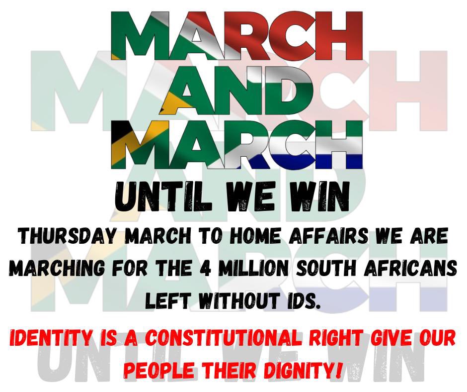 JacintaNgobese's tweet photo. This Thursdays Marches!!!

We are calling on all South African Patriots to March across the country for the 4million South Africans who have NO IDENTITY in their own country, while home affairs is busy with corruption and processing documents of people who want to stay in our country by fire or by force when our own people have been failed by the system‼️‼️‼️

No more processing of documents for foreigners until our own people are documented✊🏻 South Africa is for South Africans🇿🇦🇿🇦🇿🇦