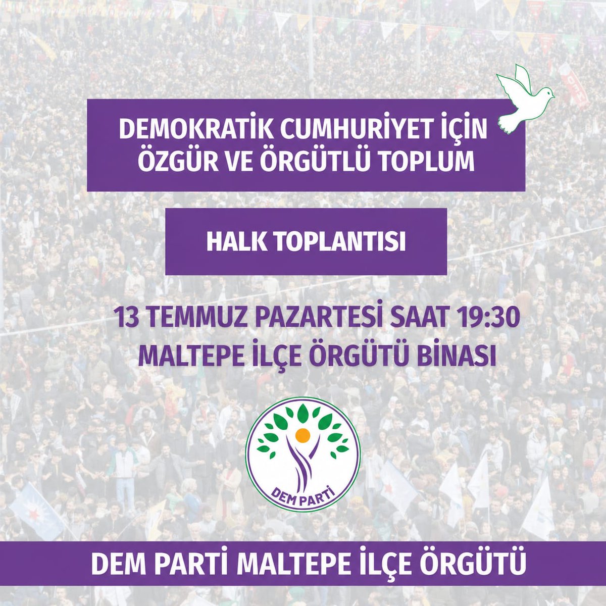 DemMaltepe's tweet photo. Barış ve demokratik toplum mücadelesini büyütmek, ortak yaşamı birlikte örmek ve konferans sürecini halklarımızla birlikte tartışmak üzere  İlçe binamızda gerçekleştireceğimiz halk toplantısına tüm halklarımızı davet ediyoruz
Tarih: 13 Temmuz Pazartesi
(Bugün)
🕒 Saat: 19.30 https://t.co/Uxh4wDAcV8
