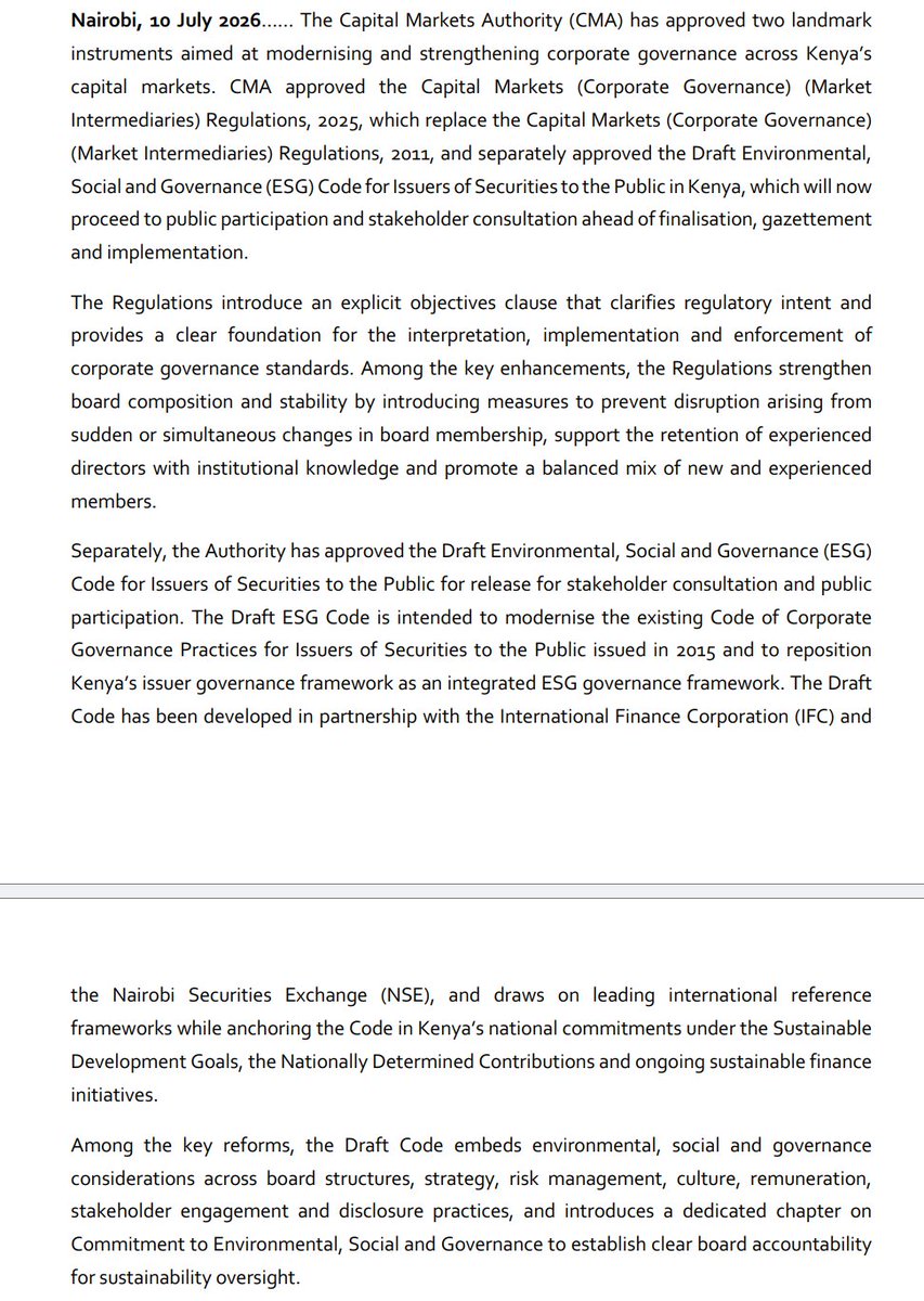 MwangoCapital's tweet photo. Kenya’s CMA has approved new corporate-governance regulations for market intermediaries and cleared a draft ESG Code for public consultation:

—The regulations replace the 2011 framework and introduce measures to strengthen board continuity, retain institutional knowledge and prevent disruptive simultaneous board changes.

—The draft ESG Code updates the 2015 issuer-governance framework by embedding ESG considerations into board structures, strategy, risk management, remuneration, stakeholder engagement and disclosures.

—The Code also assigns boards explicit responsibility for sustainability oversight and will proceed to stakeholder consultation before finalisation and gazettement

Link: https://t.co/82yDmRn6DR