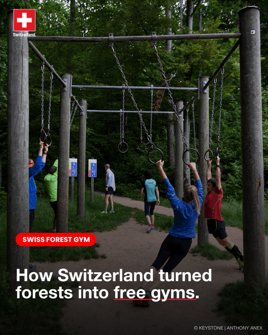 AbtSwitzerland's tweet photo. Switzerland invented the outdoor fitness trail in 1968. 🤸

Today 500 free trails exist across Switzerland, open 365 days a year. The concept has spread to nearly 2,500 locations worldwide.

More info: https://t.co/XKLCyS07J1 https://t.co/MmQdsxKuo9