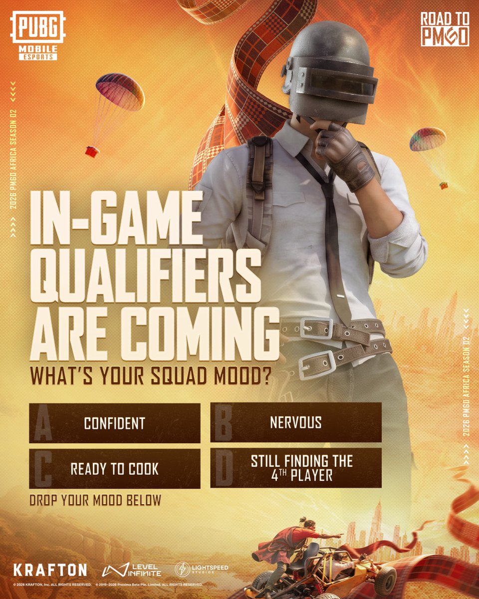 PUBGMOBILE_AF's tweet photo. In-Game Qualifiers are coming! 🔥
Confident, nervous, ready to cook or still finding the 4th player?
Drop your squad mood below 👇
#PUBGMOBILEEsports
#PUBGMAfrica
#2026PMNC AfricaS2
#ROADTOPMGO
#AFRICAtoPMGO https://t.co/fSauXgk1v4