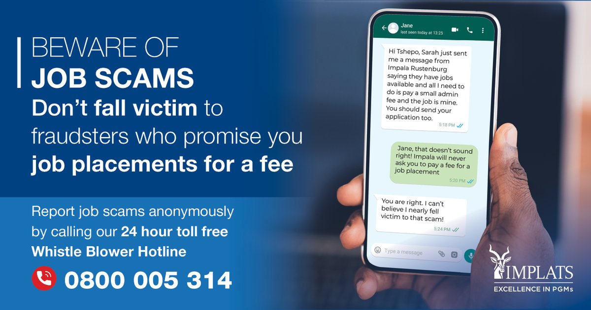 Implats's tweet photo. Spot the job scam warning signs - upfront payment requests, no formal interview process and unrealistic salaries. https://t.co/JnBz937co3