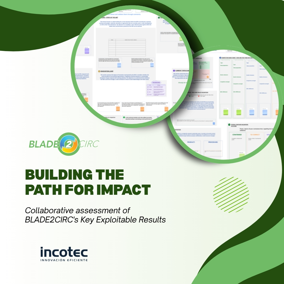 BLADE2CIRC's tweet photo. From research to real impact in BLADE2CIRC!

#INCOTEC is leading the exploitation of Key Exploitable Results, assessing their technical value, market potential and IPR. Step by step, we move closer to real uptake in the wind energy sector.

#BLADE2CIRC #WindEnergy #Sustainability https://t.co/FYd77nWGBj