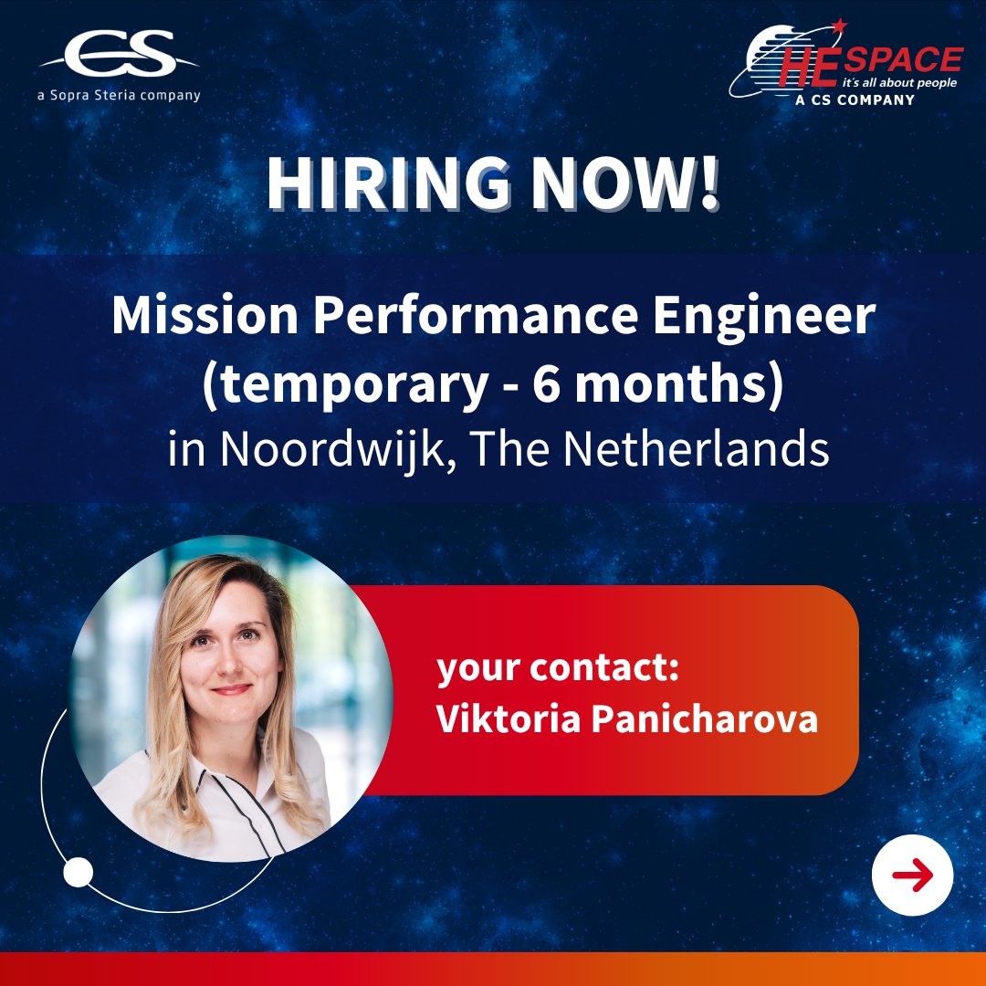 HE_Space's tweet photo. We are looking for a 💼 𝐌𝐢𝐬𝐬𝐢𝐨𝐧 𝐏𝐞𝐫𝐟𝐨𝐫𝐦𝐚𝐧𝐜𝐞 𝐄𝐧𝐠𝐢𝐧𝐞𝐞𝐫 (temporary - 6 months) in📍𝐍𝐨𝐨𝐫𝐝𝐰𝐢𝐣𝐤, 𝐓𝐡𝐞 𝐍𝐞𝐭𝐡𝐞𝐫𝐥𝐚𝐧𝐝𝐬 supporting #ESA from mission concept to in-orbit operations.

Apply today: https://t.co/8BgSnb0pLM

#HESpace #CSGROUP https://t.co/c2hNVlmGBJ