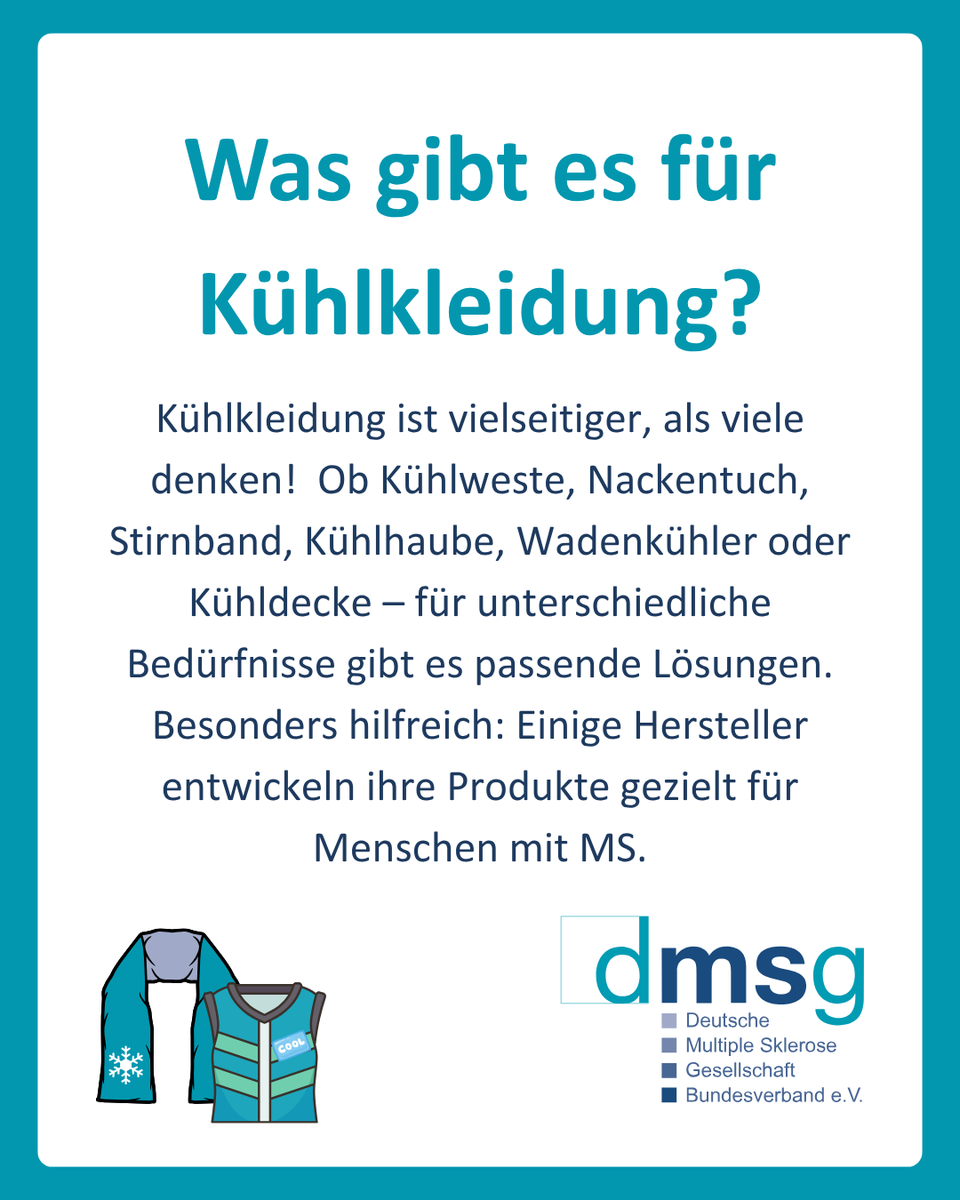 DMSG_BV's tweet photo. Sommerzeit ist für viele Menschen mit MS eine Herausforderung. 
Kühlkleidung ist der aus der Community meist genannte Tipp zur Abkühlung! 🧊 
Kommt gut durch die heißen Tage!

#DMSGCommunity #MS #Uhthoff https://t.co/wmJGcpfPDf