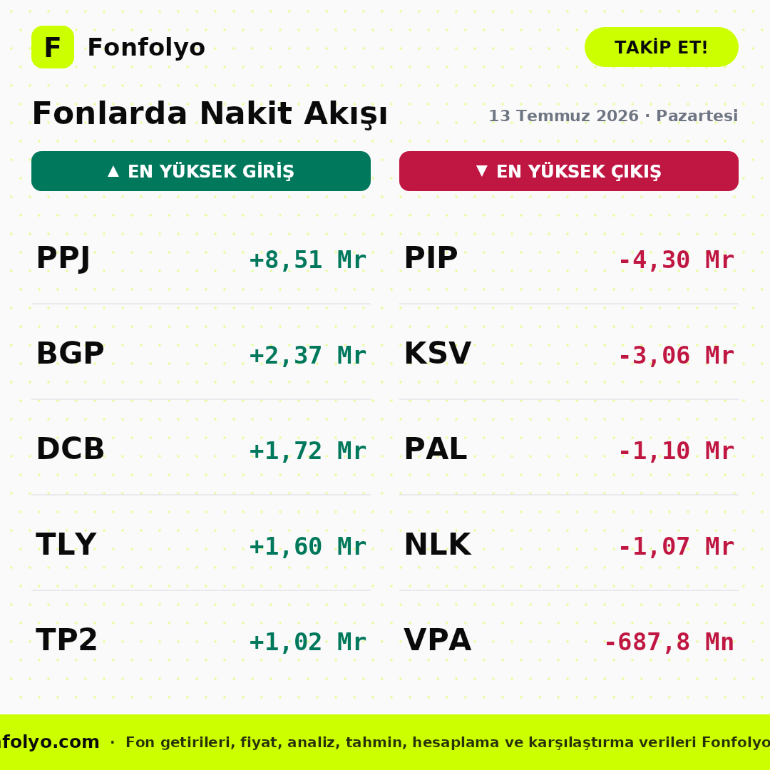 fonfolyo's tweet photo. 📢 13 Temmuz 2026 Pazartesi fon radarında bugün: en çok yükselen & düşenler, yatırımcı hareketleri ve nakit giriş/çıkışları 👇
#IIE #FSP #TP2 #IJC #PPJ #PIP https://t.co/ljkUzNZgFa
