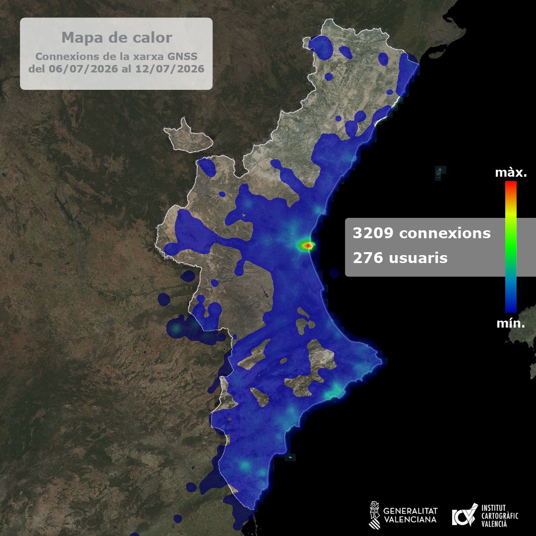 GVAcartografic's tweet photo. Connexions de la xarxa GNSS.
Setmana: 06/07/2026 - 12/07/2026
Connexions: 3209 - Usuaris: 276.
https://t.co/QgUaPWTlu1 #GNSS #GPS #GLONASS #geodesy #geodetics #geodesia https://t.co/OhsSs4v3Uh