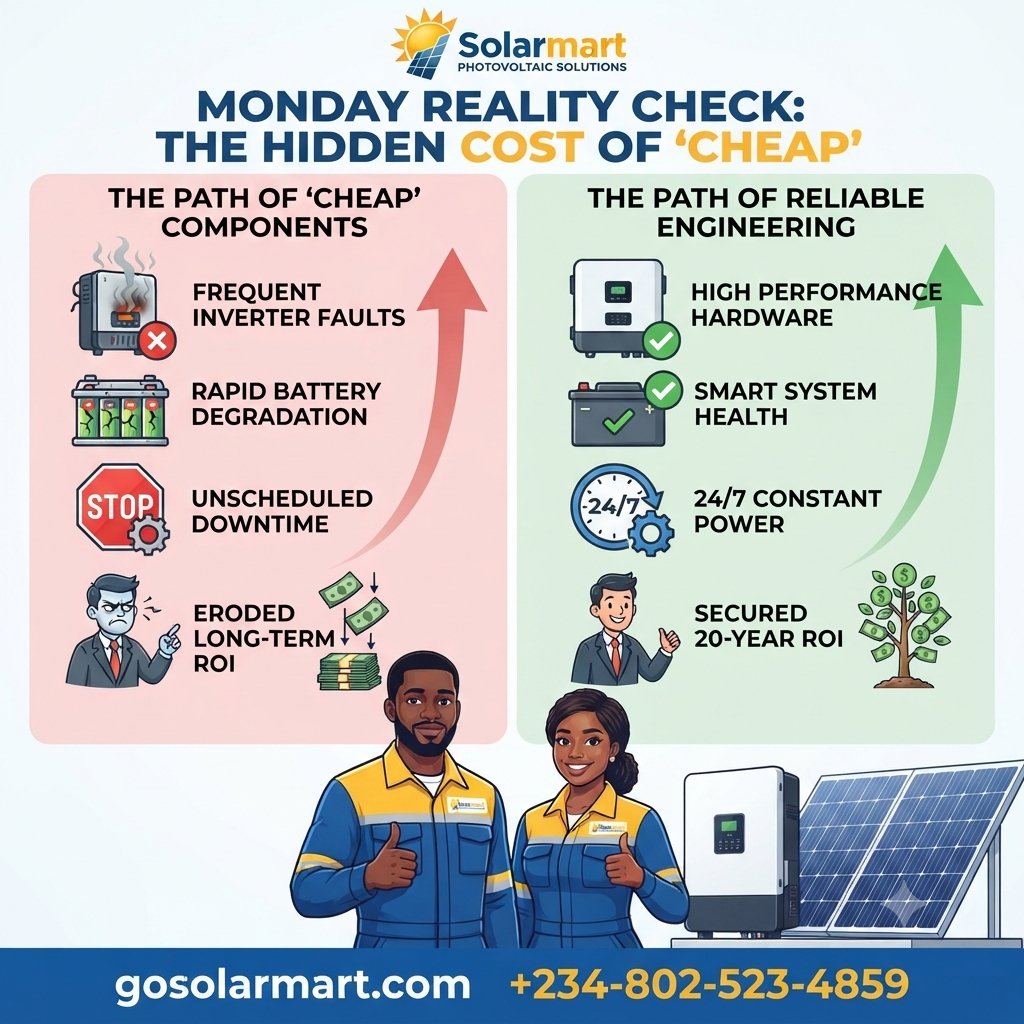 SolarmartNG's tweet photo. The "Hidden Cost" of cheap solar components:
1. Frequent inverter faults ⚠️
2. Rapid battery degradation 🔋
3. Unscheduled downtime 📉
Stop gambling with your facility's energy. Reliability pays for itself. Get it done right with Solarmart.
#ConstantPower #GoSolarMart #EnergyIndependence #SolarNigeria #Reliability