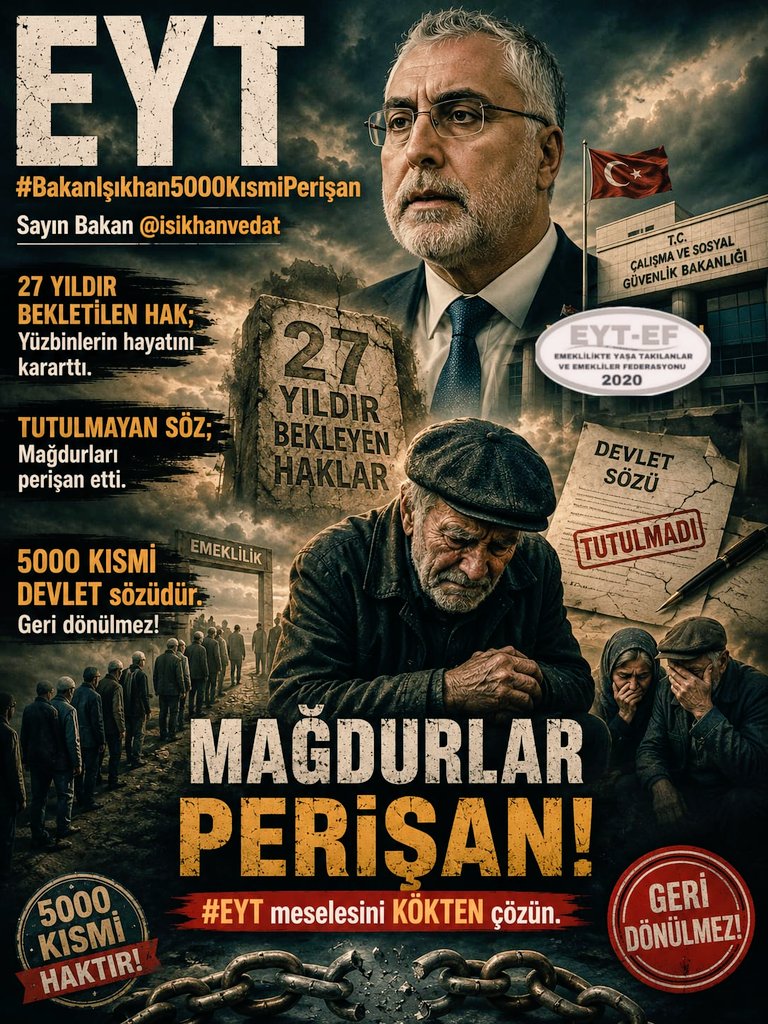 ArzuLastikci's tweet photo. EYT
👇
#BakanIşıkhan5000KısmiPerişan

Sayın Bakan @isikhanvedat

27 yıldır bekletilen HAK;
Yüzbinlerin hayatını kararttı.

Tutulmayan SÖZ;
Mağdurları perişan etti.

5000 Kısmi DEVLET sözüdür.
Geri dönülmez!

#EYT meselesini KÖKTEN çözün.

#BakanIşıkhanEmeklilerPerişan
@RTErdogan https://t.co/jtDok6lujg