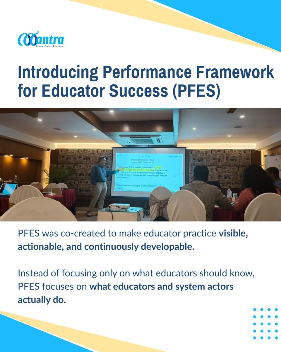 mantra4change's tweet photo. Many frameworks define what good educators should know. But how often do they help make educator practice visible? That question sparked the co-creation of the Performance Framework for Educator Success (PFES). Co-created with Vidya Vidhai, Alokit, Shikshalokam, and Ignus Pahal. https://t.co/EldEQ7d6Ak