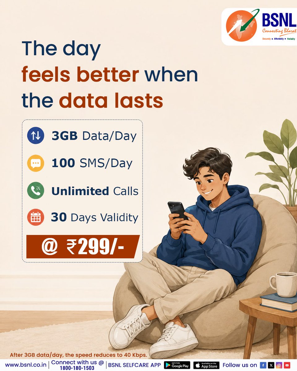 BSNLCorporate's tweet photo. Why stop the fun when your data can keep going?

Recharge today and keep the good times going with BSNL.

#BSNLIndia #StayConnected #InternetForEveryone #DigitalLife #IndiaOnline #BSNLServices #SmartIndia #EverydayConnectivity #299plan @CMDBSNL @robertravi21 https://t.co/1jbXA0Oy50