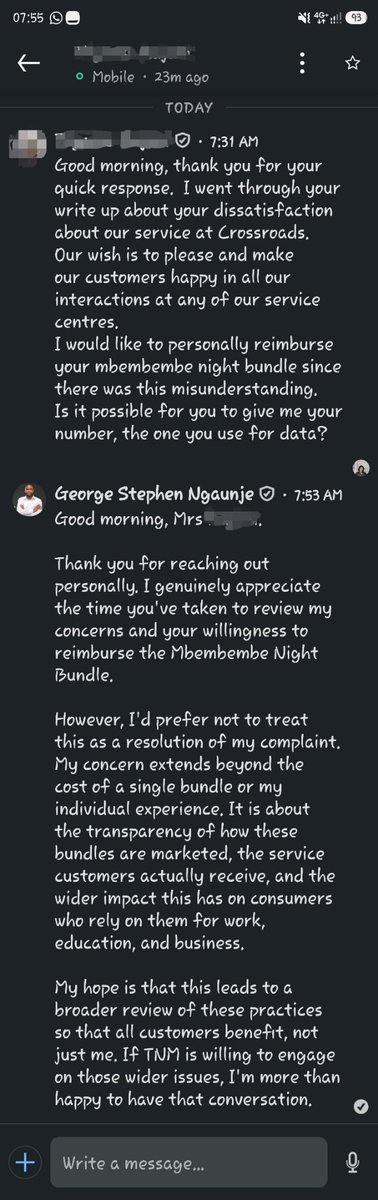 GeorgeNgaunjeII's tweet photo. Update day 1: 1/3
TNM management contacted me privately this morning. They offered a personal refund to close the complaint. I declined. I made it clear this is about their central billing system enforcing a hard cap on an "unlimited" bundle. They are now consulting internally. https://t.co/z0PXGoQws7