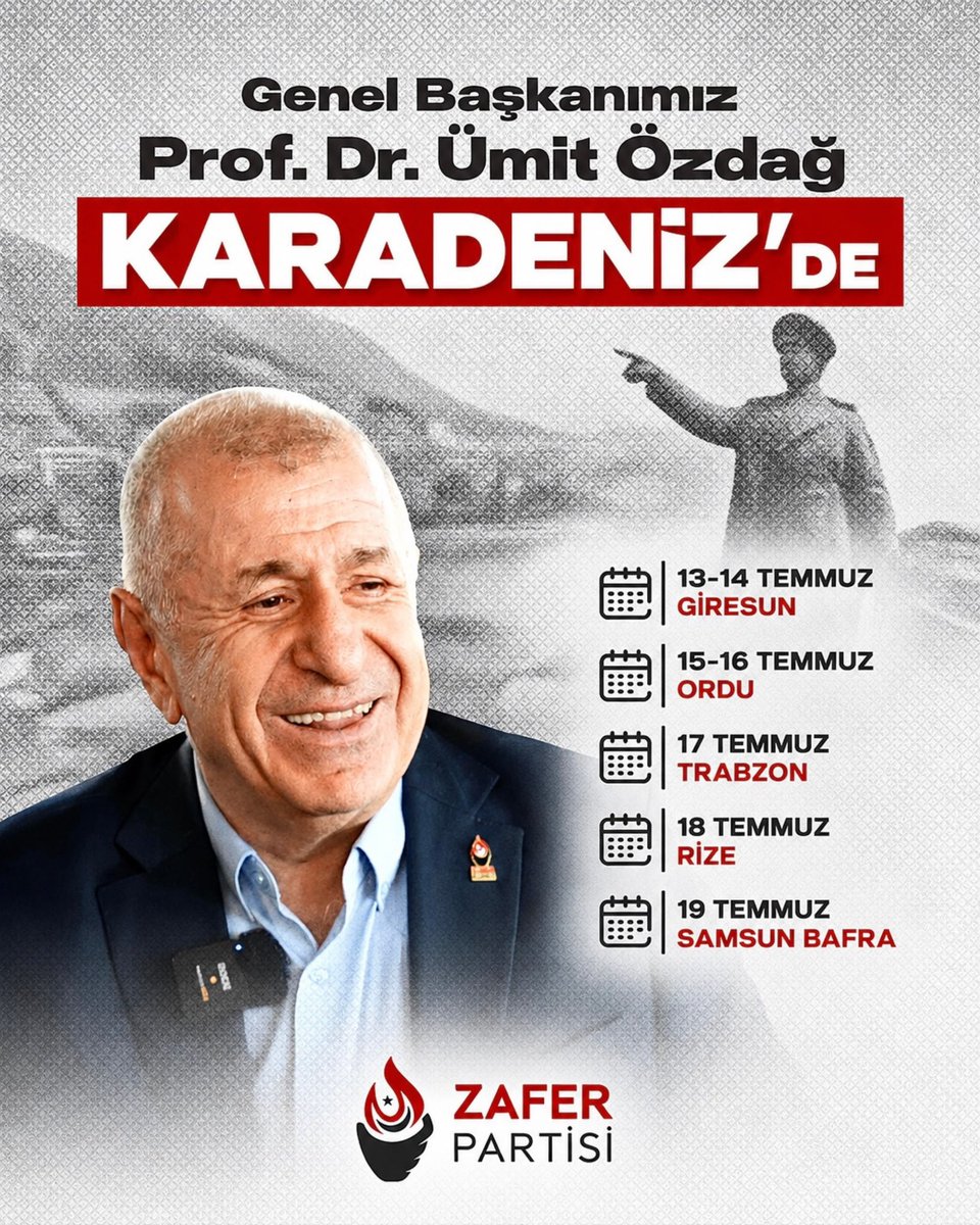 umitozdag's tweet photo. Sevgili Giresunlular, Ordulular, Trabzonlular, Rizeliler 13-18 Temmuz tarihleri arasında Zafer Partisi’nin seçkin kadroları ile birlikte sizleri ziyaret edeceğiz. Görüşmek dileği ile ….@zaferpartisi @zpgencresmi https://t.co/GmvCDyQFvy