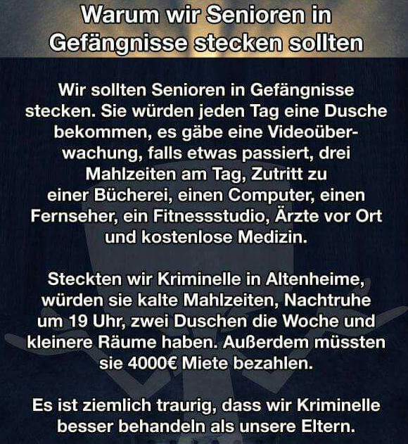 MatthiasHartel's tweet photo. Leider ist das so wahr. Wird man das noch mal ändern? Und wann werden wir Alten dann mal mehr wert sein, als Verbrecher? Sieht so der Respekt aus? https://t.co/tFKME5FyQx