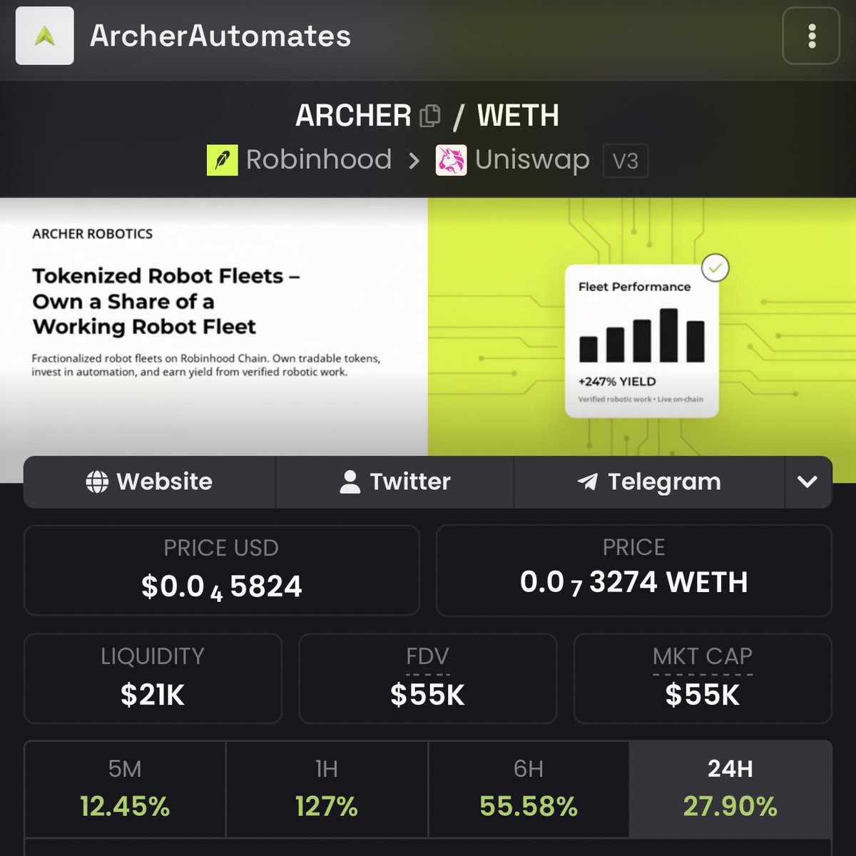 cryptoo_alice's tweet photo. Aped $ARCHER at 50k mc 

CA : 0x3d0a2e4763eee58a7c631acf7ff13ad6398a5141

Fractionalizing real working robot fleets into ERC-20 Fleet Tokens—backed by autonomous work and secured by Intel SGX

You can now own a fractional share of an active robot fleet and earn yield from every job it completes. 🤖💼 

How it works:
1️⃣ Robots complete real-world jobs.
2️⃣ Sensor attestation + Intel SGX TEE verify the work.
3️⃣ On-chain settlement triggers $USDG distributions to holders

Heard Staking & Partnerships will come anytime soon @ArcherAutomates 

Dyor