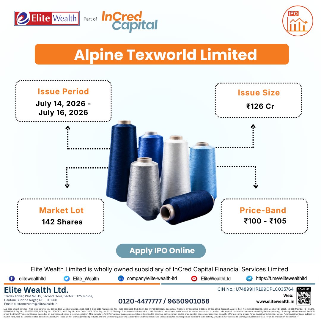 InCred_Markets's tweet photo. 📢𝐀𝐥𝐩𝐢𝐧𝐞 𝐓𝐞𝐱𝐰𝐨𝐫𝐥𝐝 𝐋𝐢𝐦𝐢𝐭𝐞𝐝 𝐈𝐏𝐎 𝐀𝐥𝐞𝐫𝐭!
.
👉Apply IPO Online: https://t.co/9PfV0gLned
.
📅Issue Opens: 14 July 2026
📅Issue Closes: 16 July 2026
💰Issue Size: ₹126 Crore
💵Price Band: ₹100 – ₹105 per Share
📦Market Lot: 142 Shares
.
#AlpineTexworldIPO https://t.co/R5ZK5GCPgz