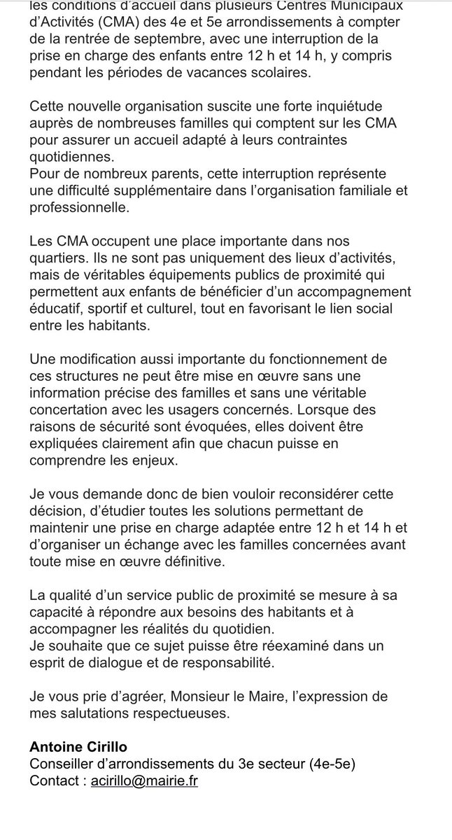 Antoinecirillo's tweet photo. Le bon sens commande d’écouter avant de décider.
Les familles des 4ème et 5ème arrondissements doivent être entendues face aux changements annoncés dans les CMA. 
La proximité doit rester au cœur de l’action municipale. https://t.co/L7rFEJiJI0