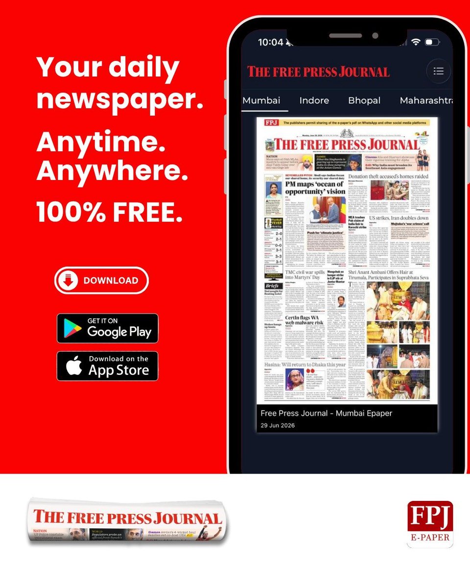 fpjindia's tweet photo. 📰Your daily copy of The Free Press Journal, delivered straight to your phone every day!

Get the FPJ E-paper app TODAY! 
100% FREE!

🔗Play Store: https://t.co/cBwjkTJT59

🔗App Store: 
https://t.co/UKXjh2yR8a

#newspaper #Indiandaily #FPJ #TheFreePressJournal https://t.co/IbCcze01nn