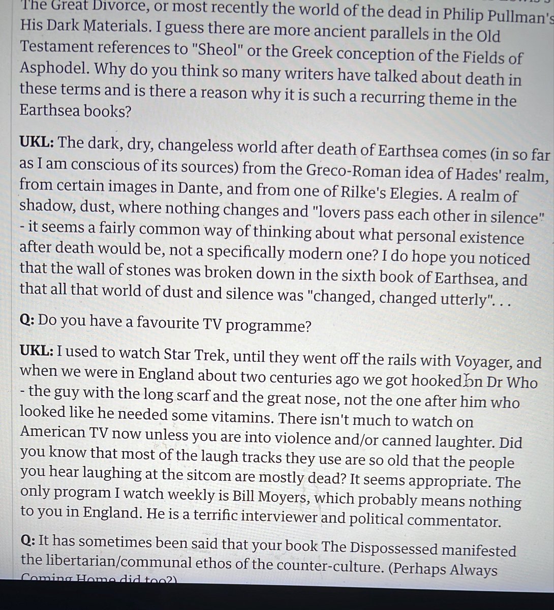 SageTorres17's tweet photo. @bookbeduion I mean… There are polite ways to say you didn’t like a something, even if you hate it passionately. Heck, in that same interview, Le Guin mentioned enjoying Star Trek and specifically stating that it went off the rails with Voyager. https://t.co/F2TaMFWyE1