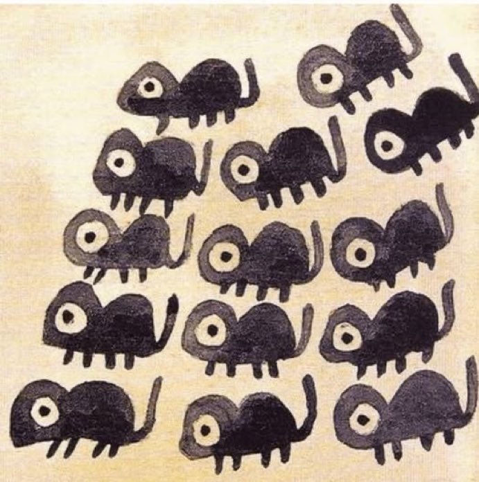 pmamtraveller's tweet photo. A ceramic bowl depicting a swarm of mice. From Peru, Nazca culture, 180 BCE-500 CE https://t.co/ET7YF44nna