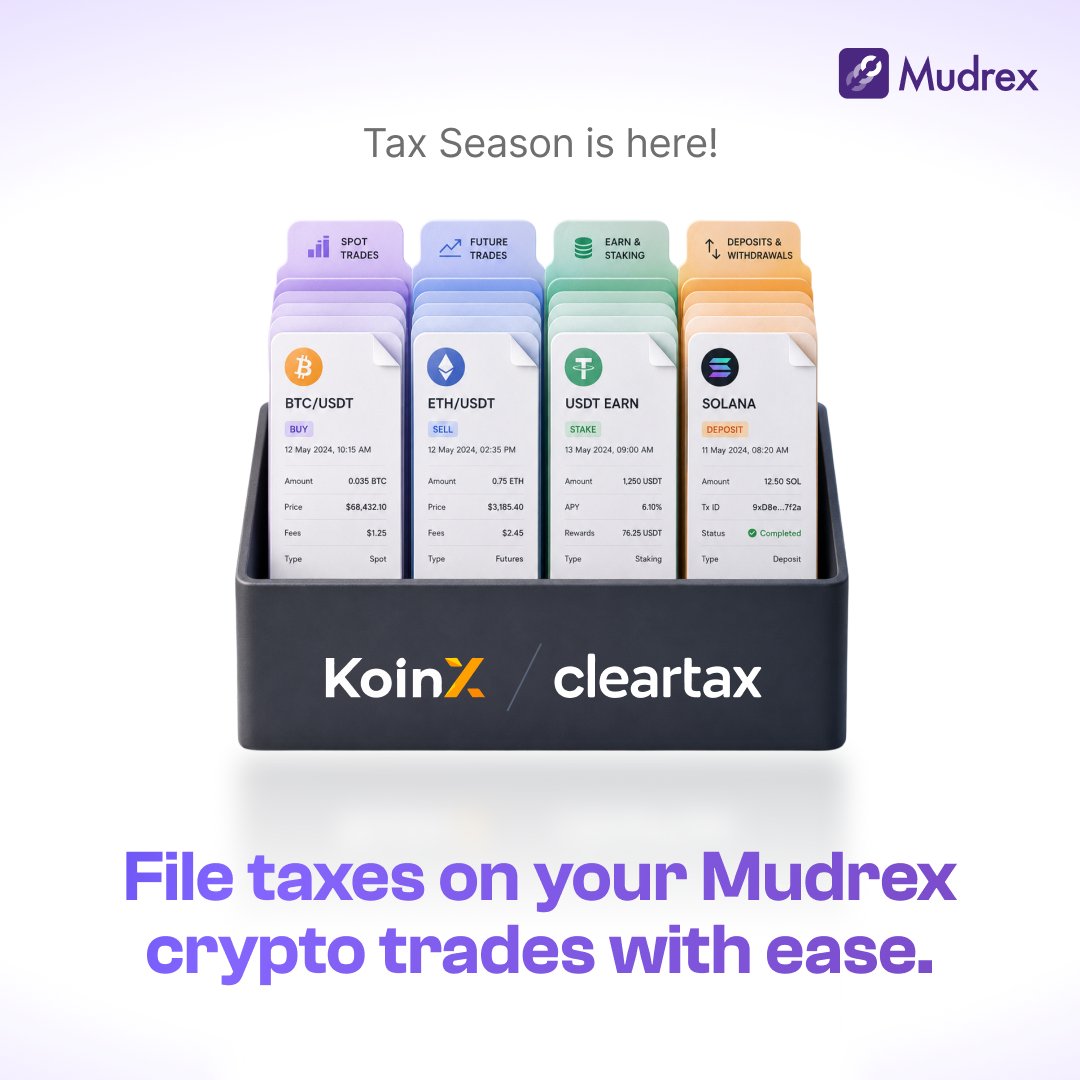 officialmudrex's tweet photo. Crypto taxes don't have to be complicated.

Mudrex is now integrated with @getkoinx , so you can:

✅ Auto-sync your Mudrex transactions
✅ Generate crypto tax reports in minutes
✅ Skip the spreadsheets and manual tracking
Spend less time on paperwork and more time investing.

Learn more: https://t.co/tQBdodknlo

Generate your report: https://t.co/6e8ke32dZk