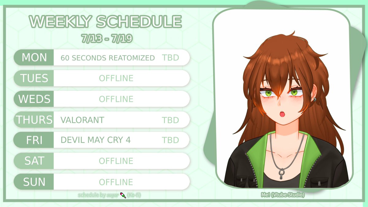 _luckyamulet_'s tweet photo. Schedule for the week!
⬇️
(Times or games may change at any point so keep a look out for updates here, Bluesky and on twitch!)
#60SecondsReatomized #Valorant #devilmaycry4 #DMC4 #vtuber #envtuber https://t.co/MQeWHU68Cu