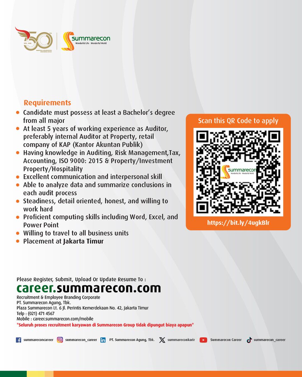 summareconkarir's tweet photo. WE'RE HIRING! - INTERNAL AUDIT ANALYST
Interested in applying? do visit this link: https://t.co/gYz82ulvzQ
For more information, please check our website on https://t.co/wL1PCjR16J
Apply now and wish you the best of luck!
#seeyouatsummarecon #summarecon https://t.co/Vu94wJ5Frs
