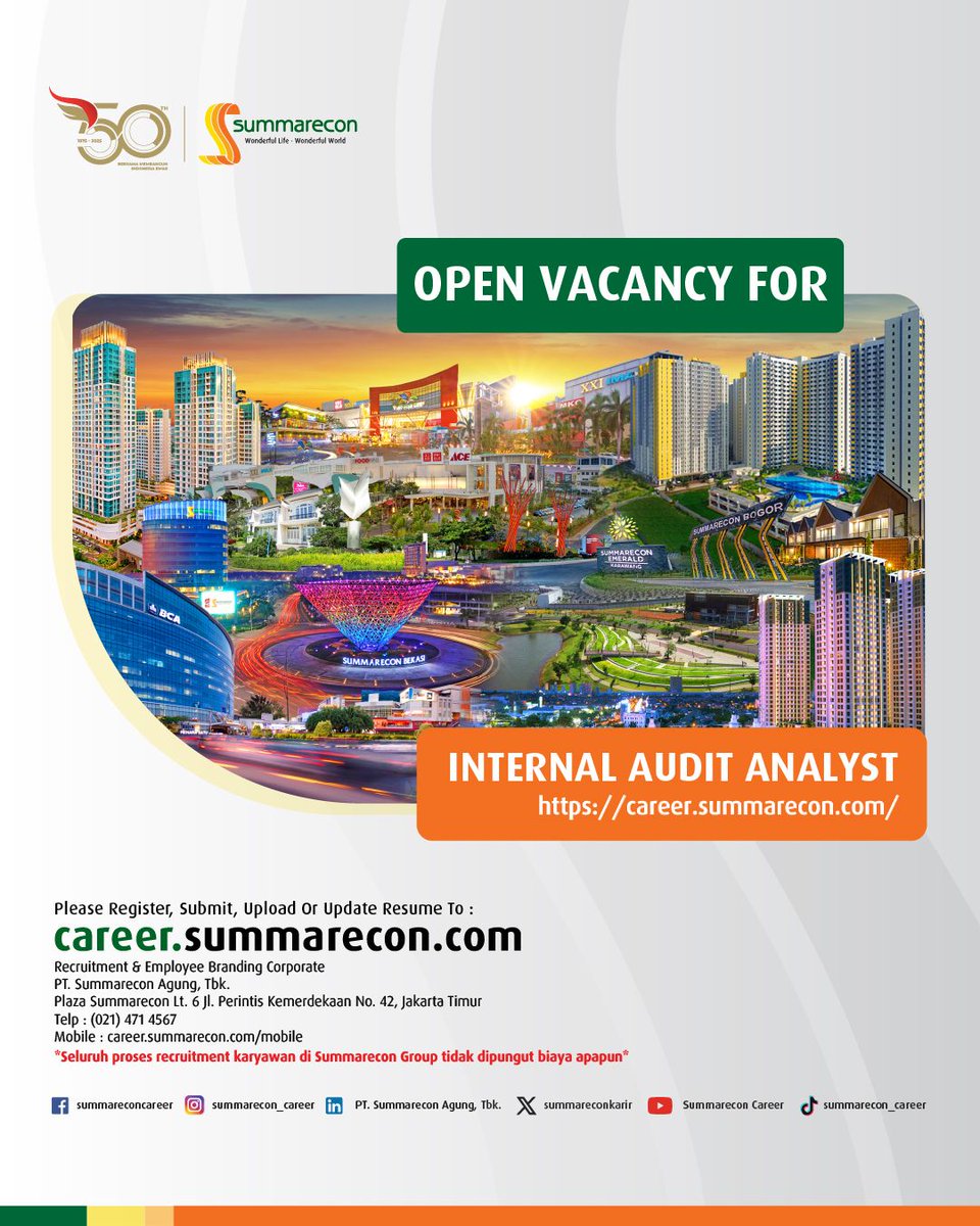 summareconkarir's tweet photo. WE'RE HIRING! - INTERNAL AUDIT ANALYST
Interested in applying? do visit this link: https://t.co/gYz82ulvzQ
For more information, please check our website on https://t.co/wL1PCjR16J
Apply now and wish you the best of luck!
#seeyouatsummarecon #summarecon https://t.co/Vu94wJ5Frs
